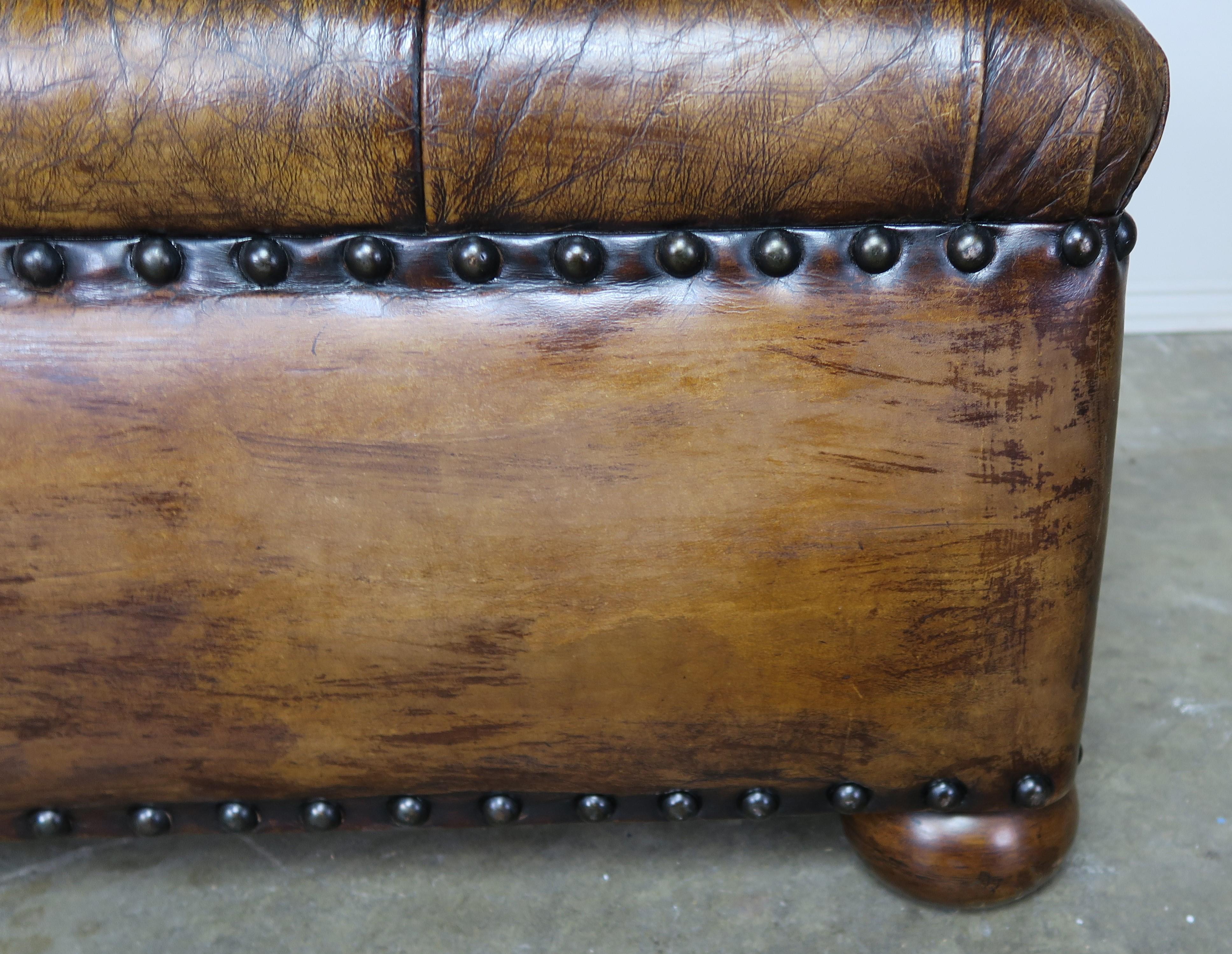 20th Century English Style Leather Tufted Bench on Bun Feet