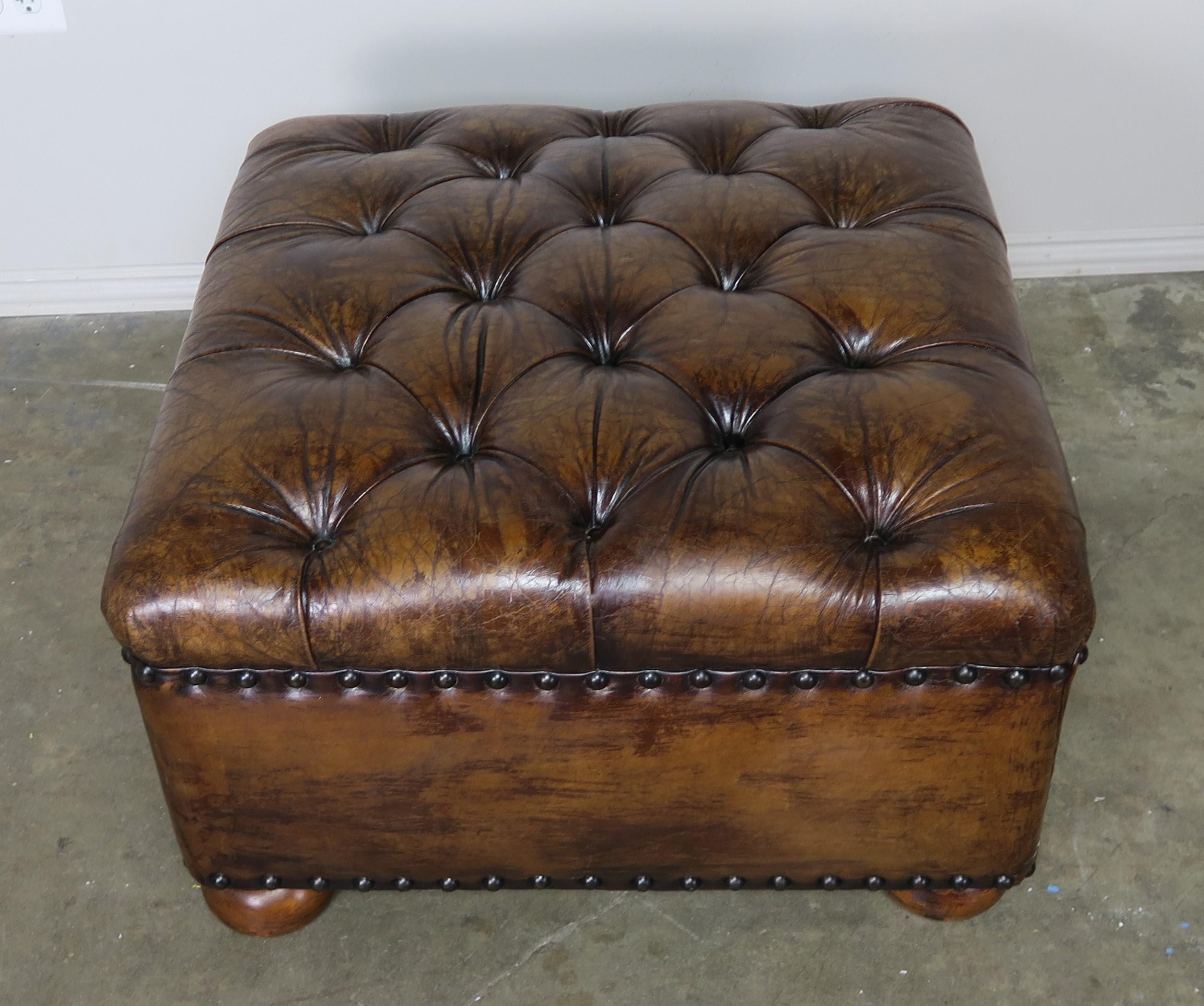 English Style Leather Tufted Bench on Bun Feet 1