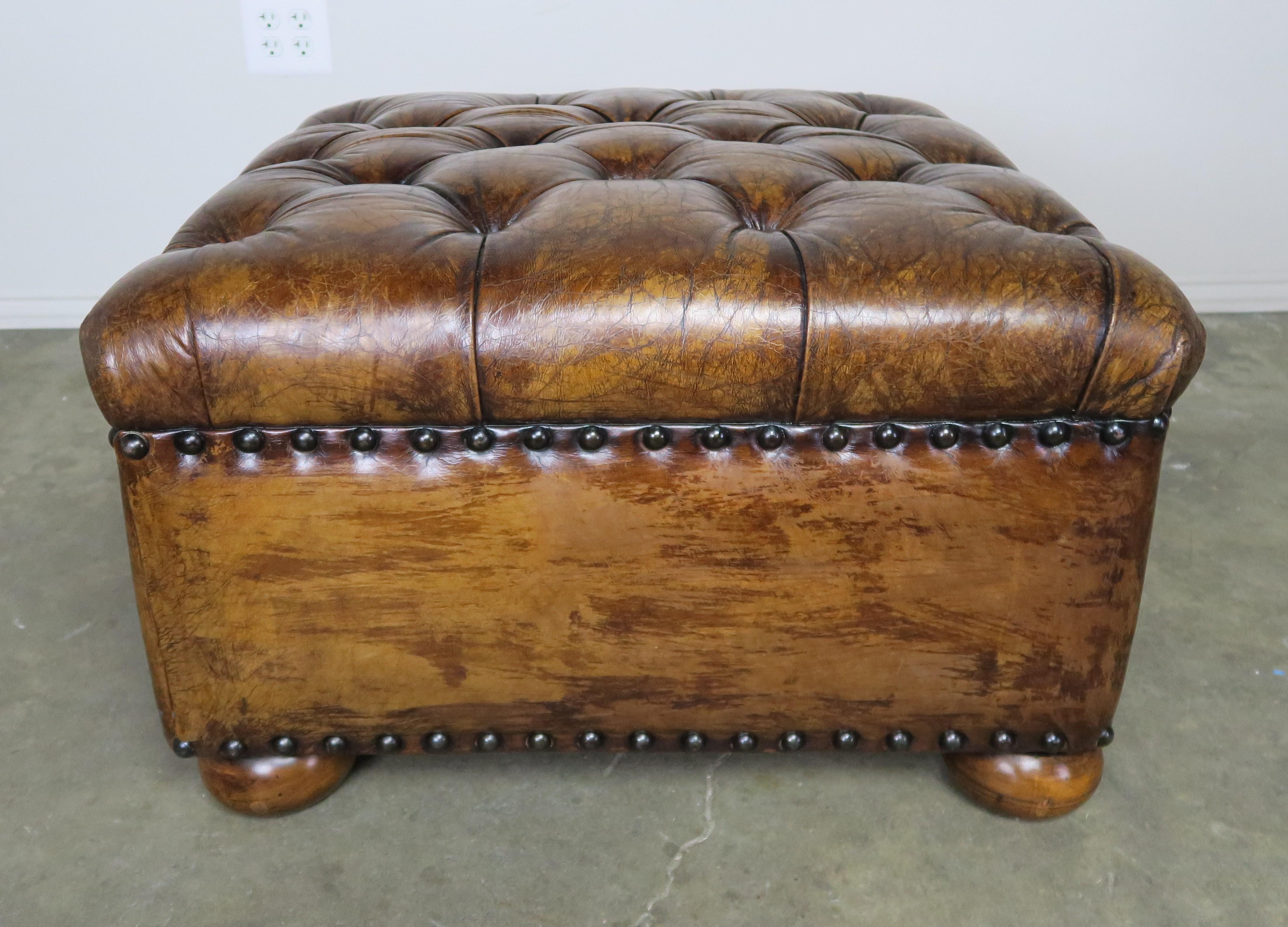 English Style Leather Tufted Bench on Bun Feet 2