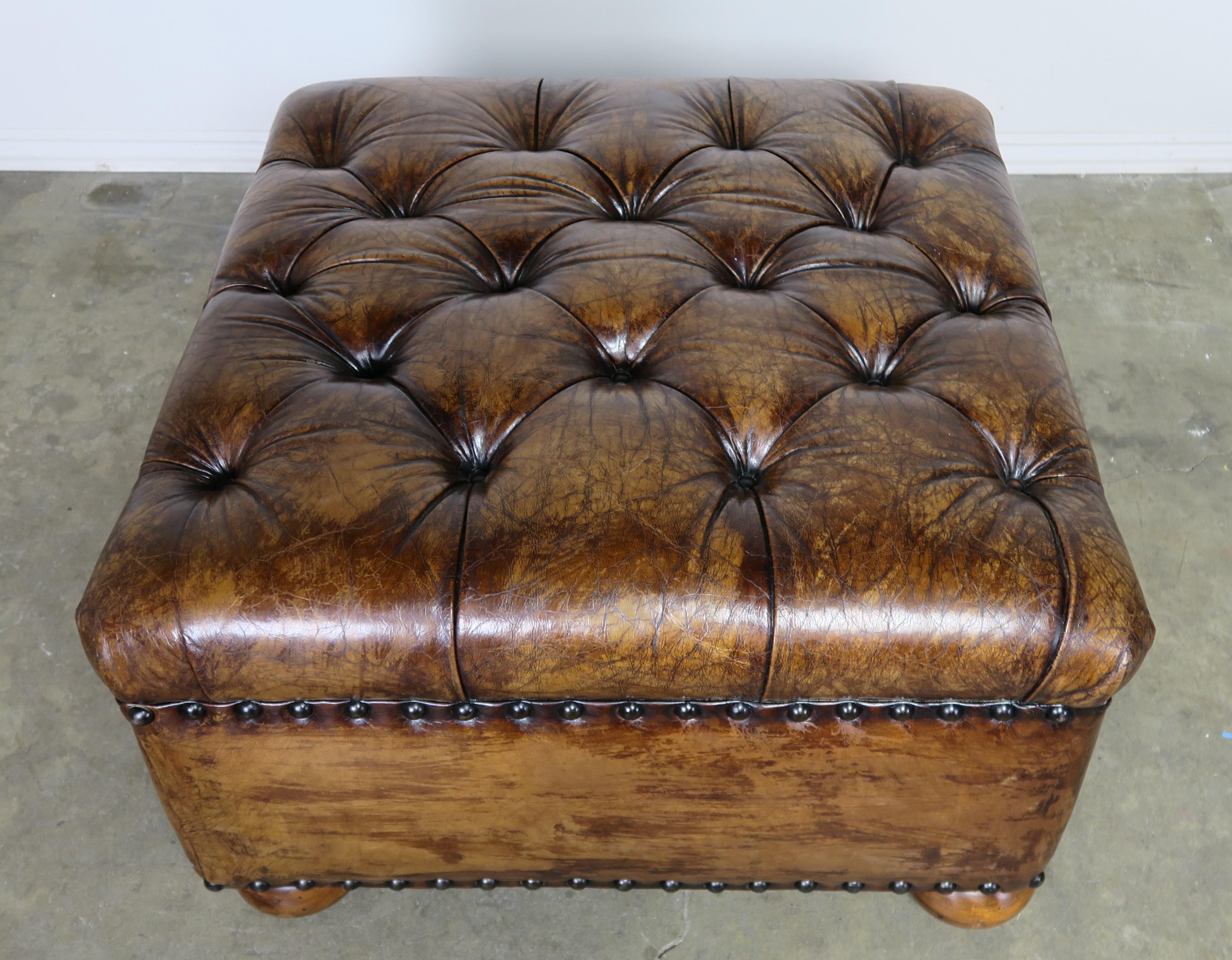 English Style Leather Tufted Bench on Bun Feet 3