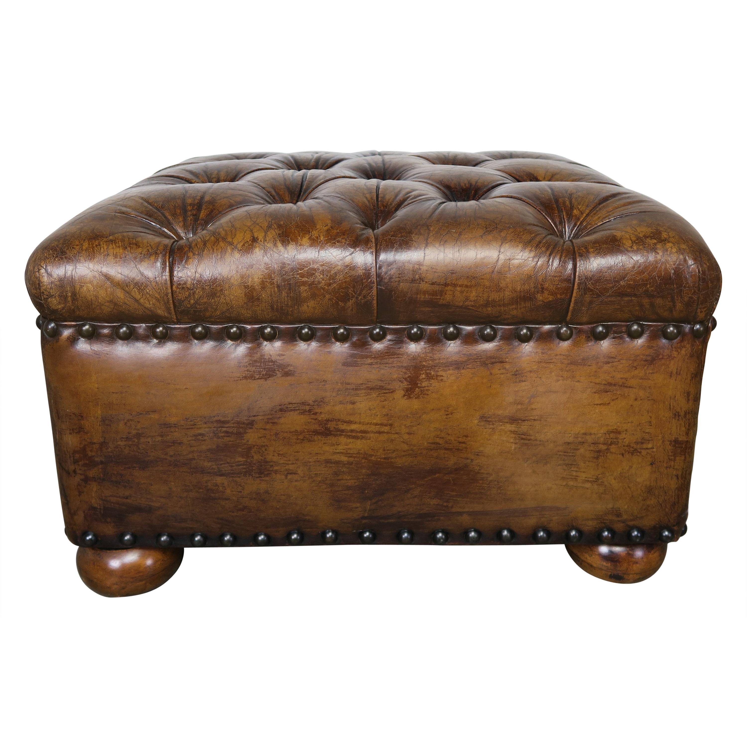 English Style Leather Tufted Bench on Bun Feet