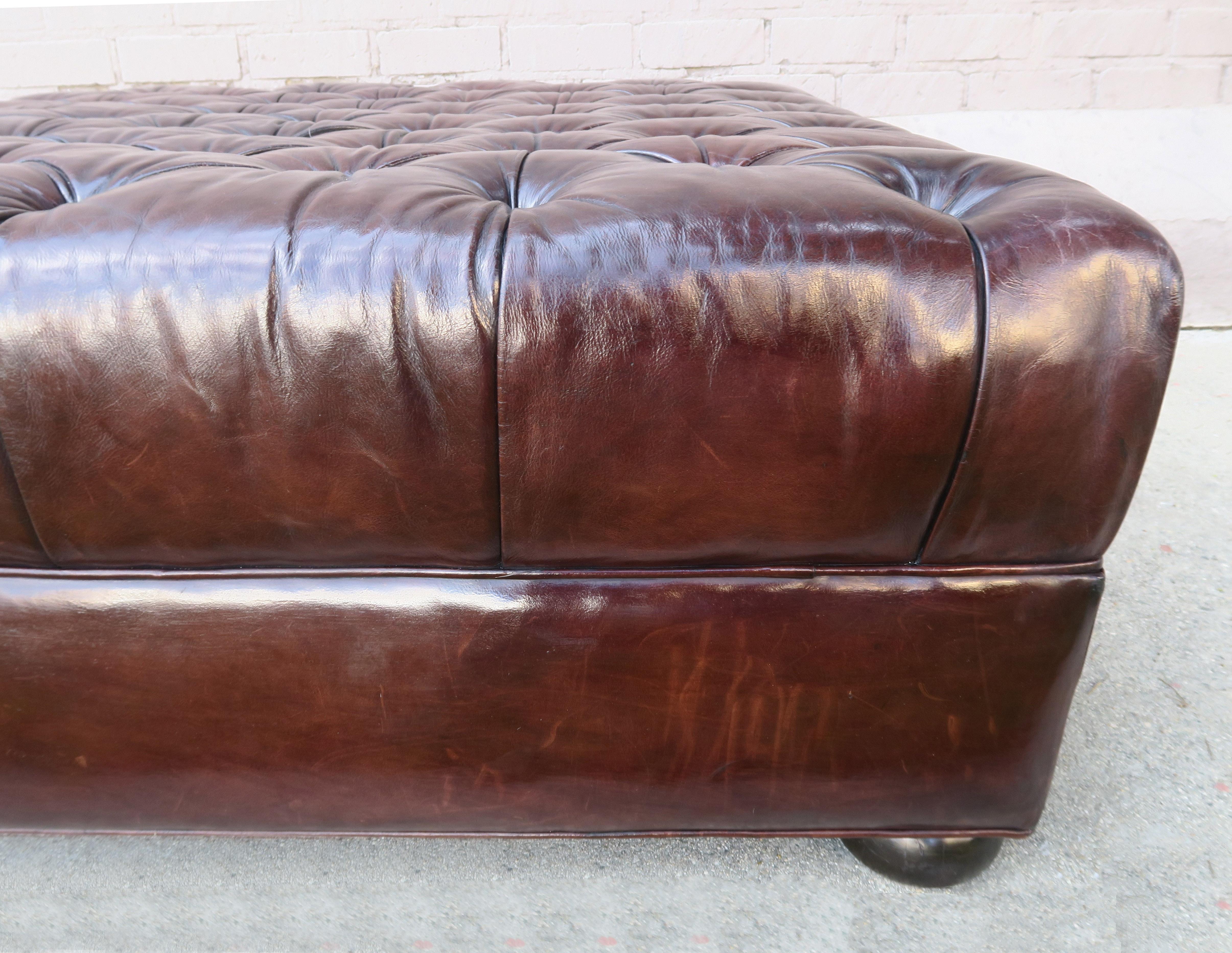 Chesterfield English Style Leather Tufted Ottoman with Bun Feet