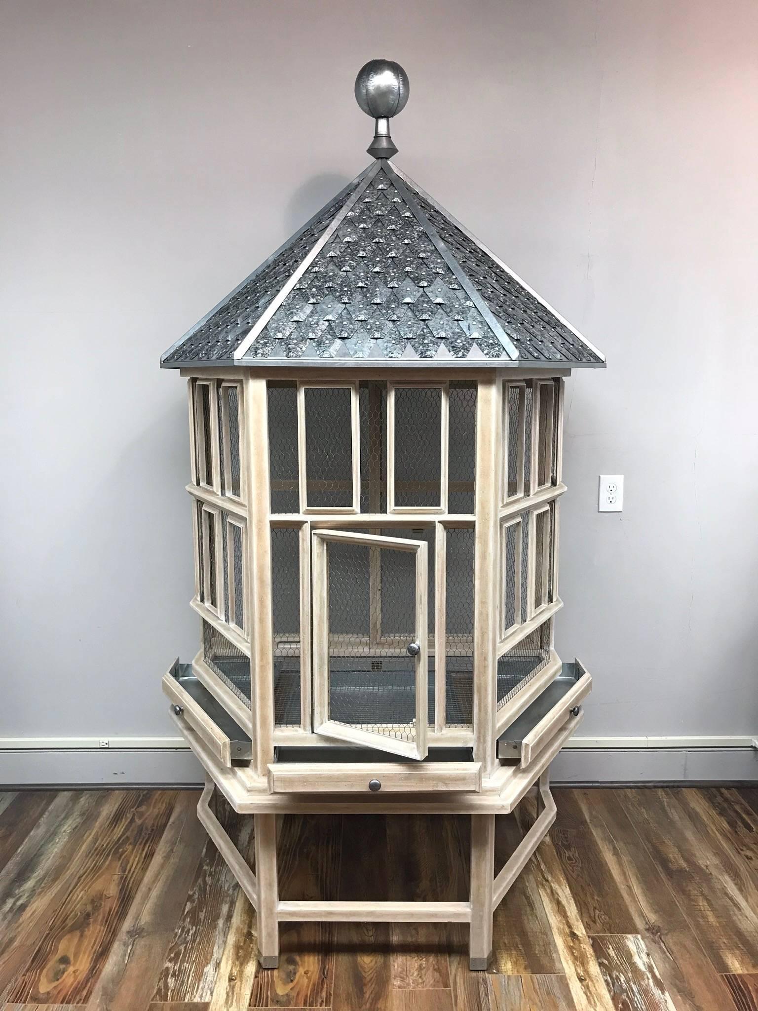 Contemporary English Style Metal and Wood Bird Cage For Sale