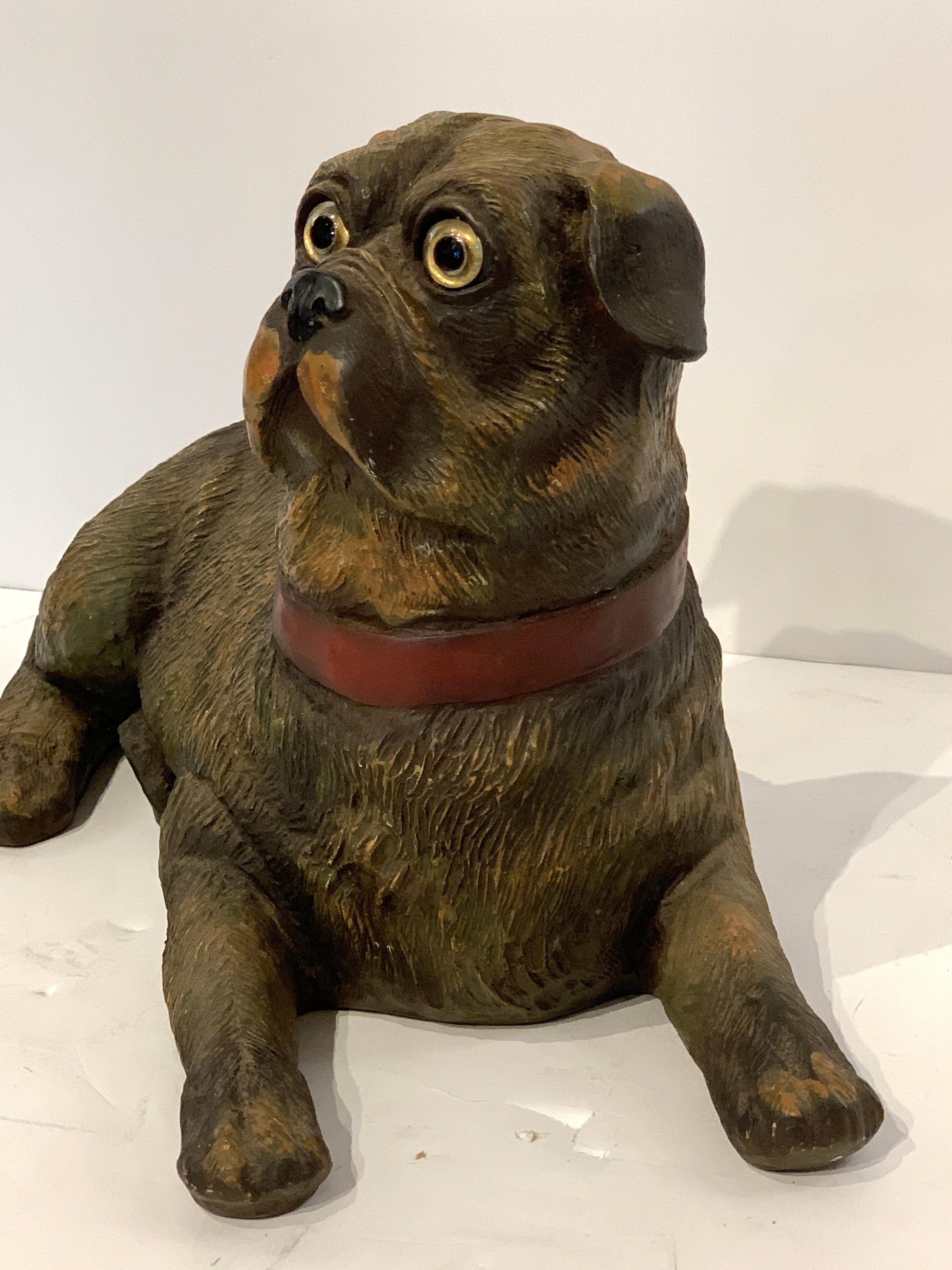 English Style Recumbent Pug Dog with Glass Eyes In Good Condition In West Palm Beach, FL