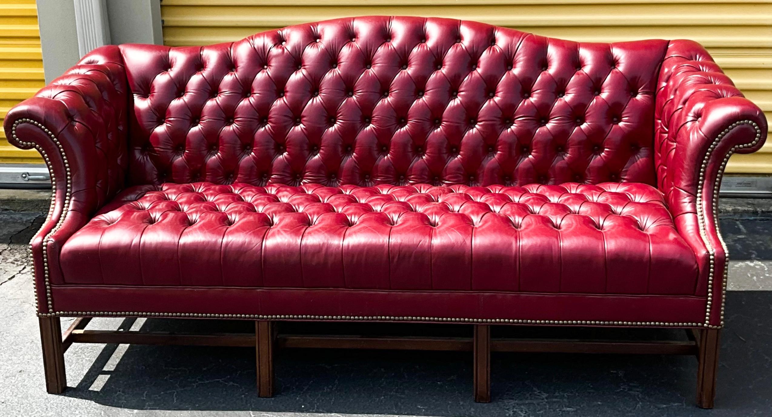 20th Century English Style Red Leather Chesterfield Style Camelback Sofa W/ Brass Nailheads 
