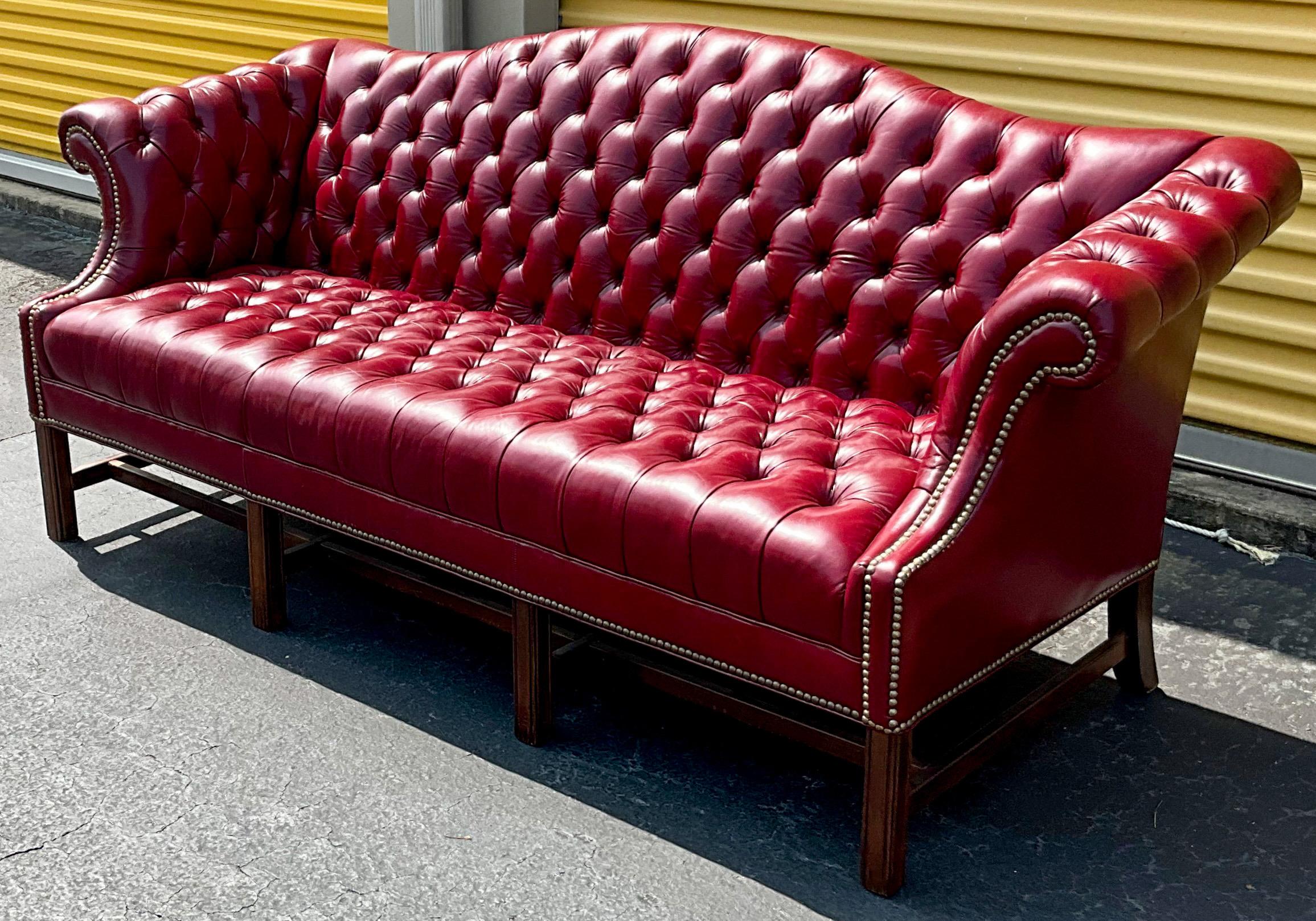 English Style Red Leather Chesterfield Style Camelback Sofa W/ Brass Nailheads  1