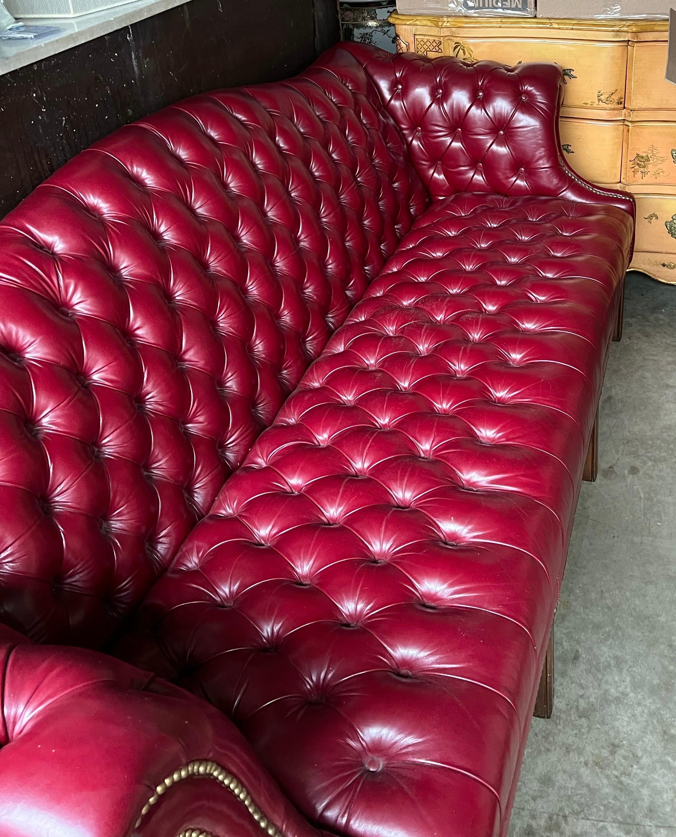 English Style Red Leather Chesterfield Style Camelback Sofa W/ Brass Nailheads  2