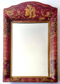English Style Red Tole Chinoiserie Decorated Mirror