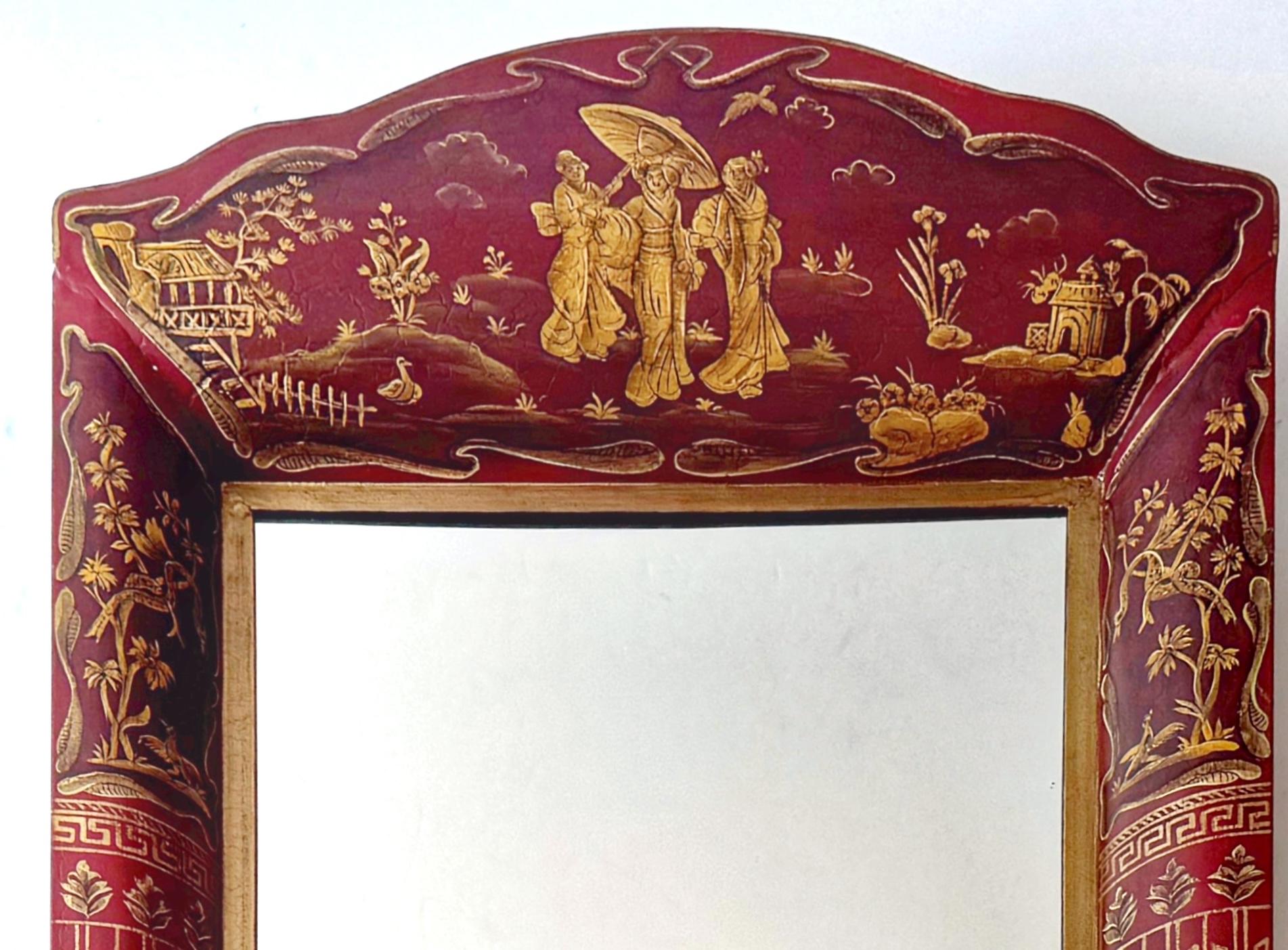 Gilt English Style Red Tole Chinoiserie Decorated Mirror For Sale
