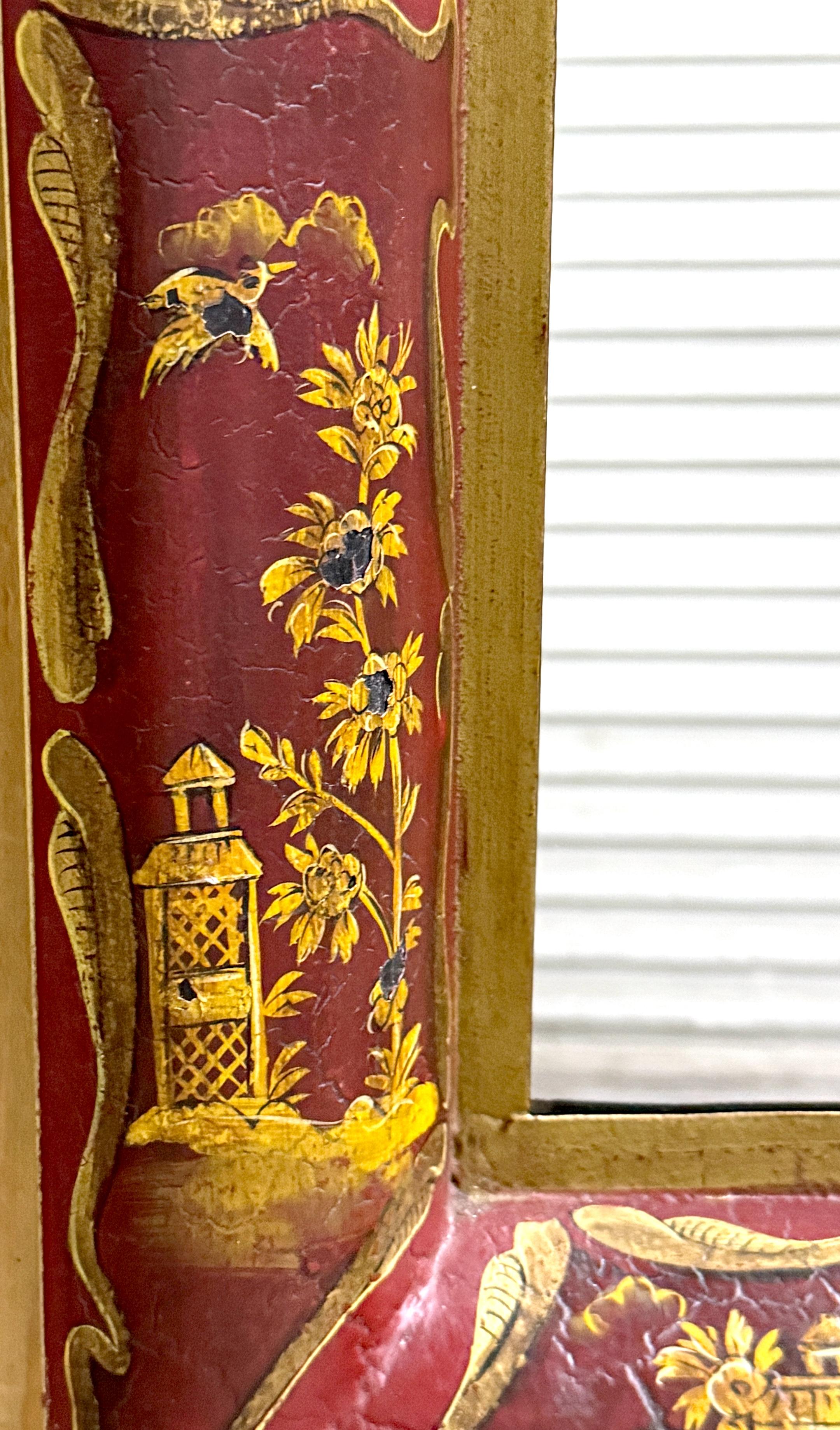 20th Century English Style Red Tole Chinoiserie Decorated Mirror For Sale