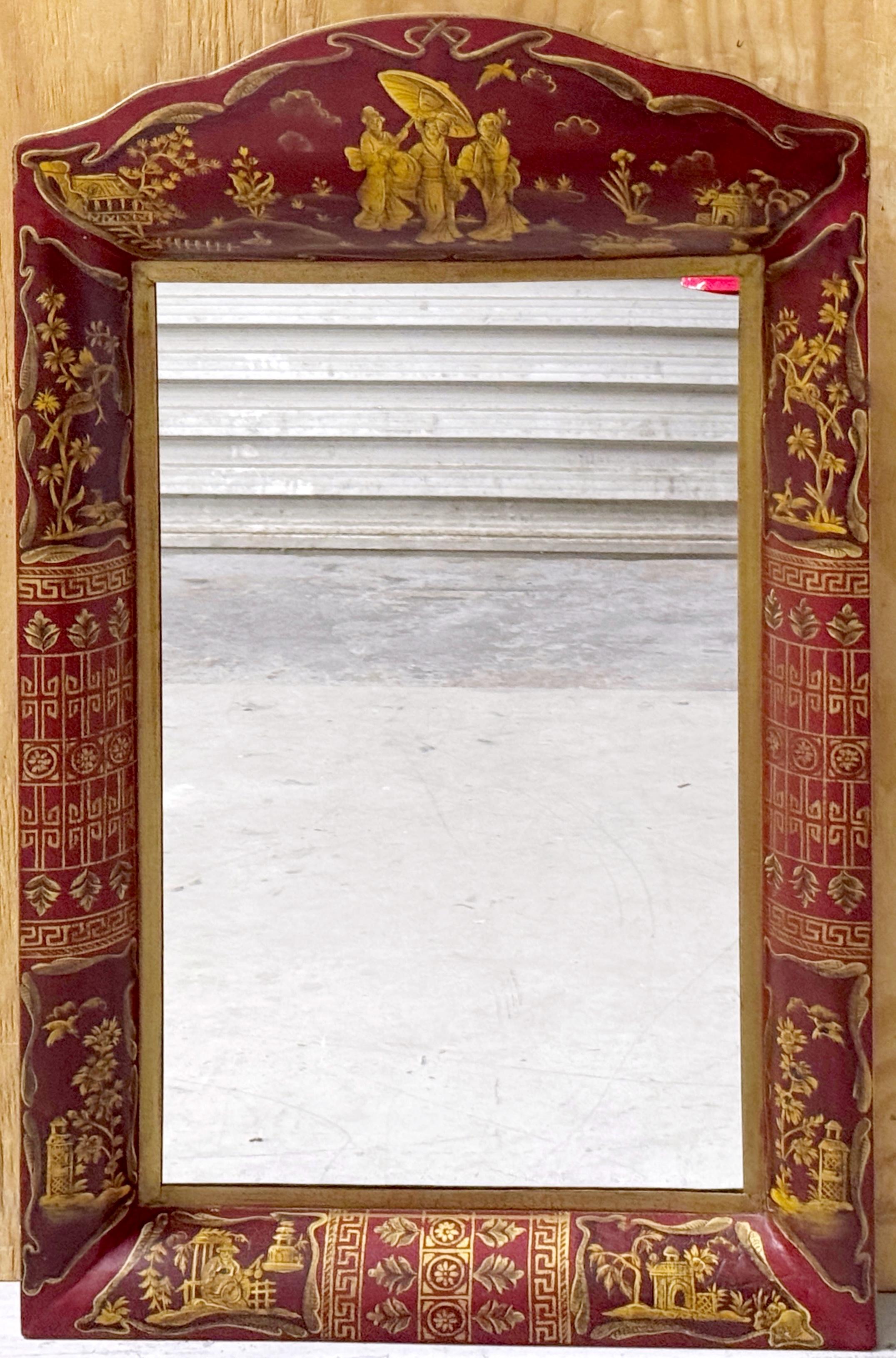 Metal English Style Red Tole Chinoiserie Decorated Mirror For Sale