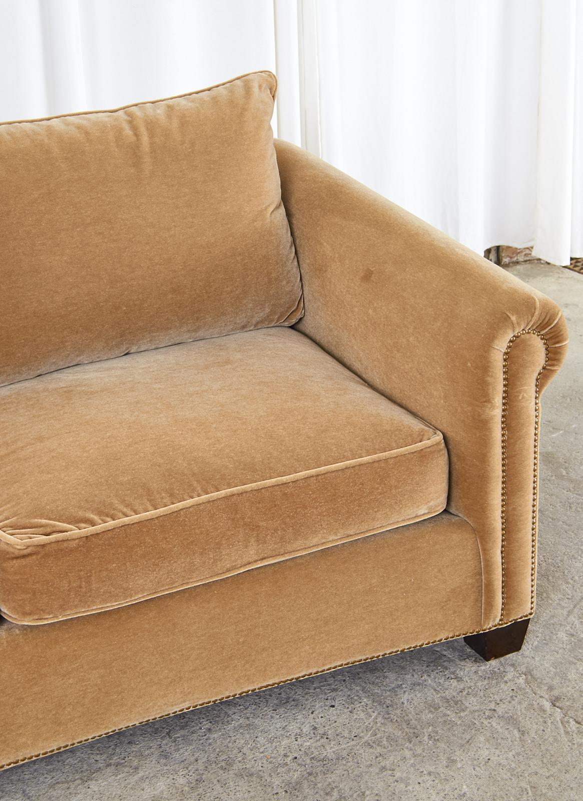 English Style Rolled Arm Camel Mohair Sofa Settee In Good Condition In Rio Vista, CA