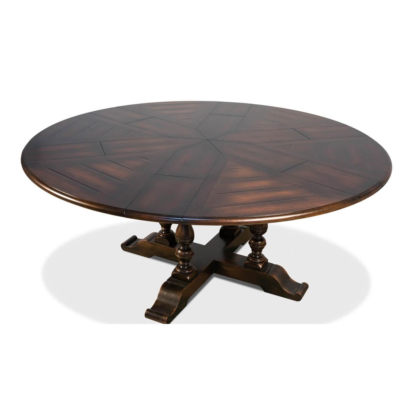 Early English style round extension dining table. A beautiful and versatile table that can expand up to 100