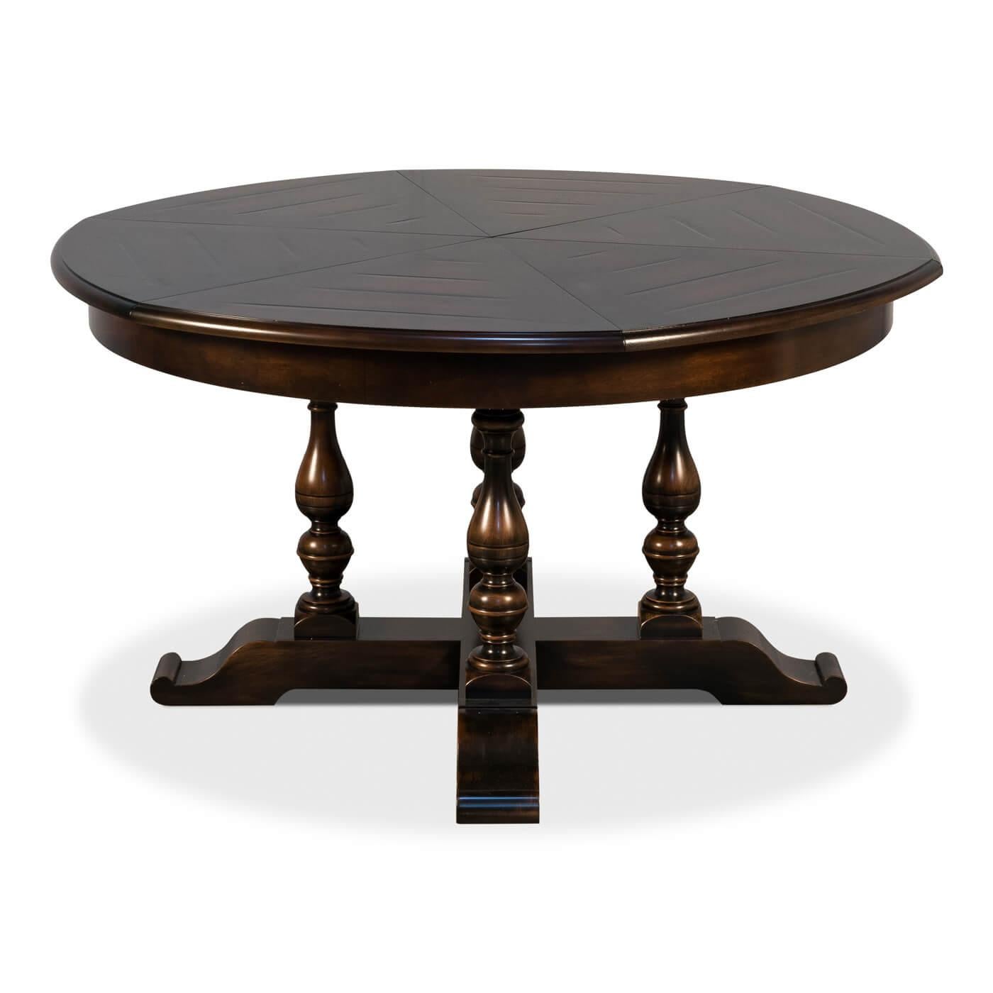 Vietnamese English Style Round Extension Dining Table, Ebony Finish For Sale