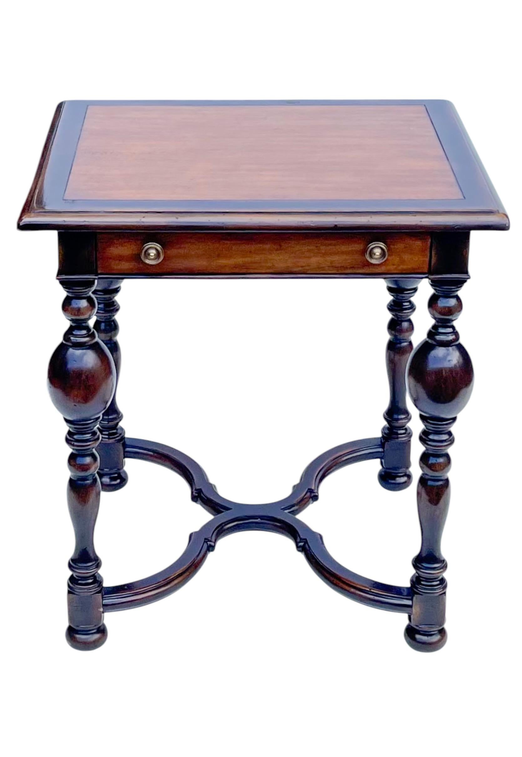 This is a pair of English style ebonized pine side tables by Theodore Alexander. They are marked and in very good condition. Note the nicely turned legs.

White Glove shipping can run two to five weeks. I am looking at other options for items of