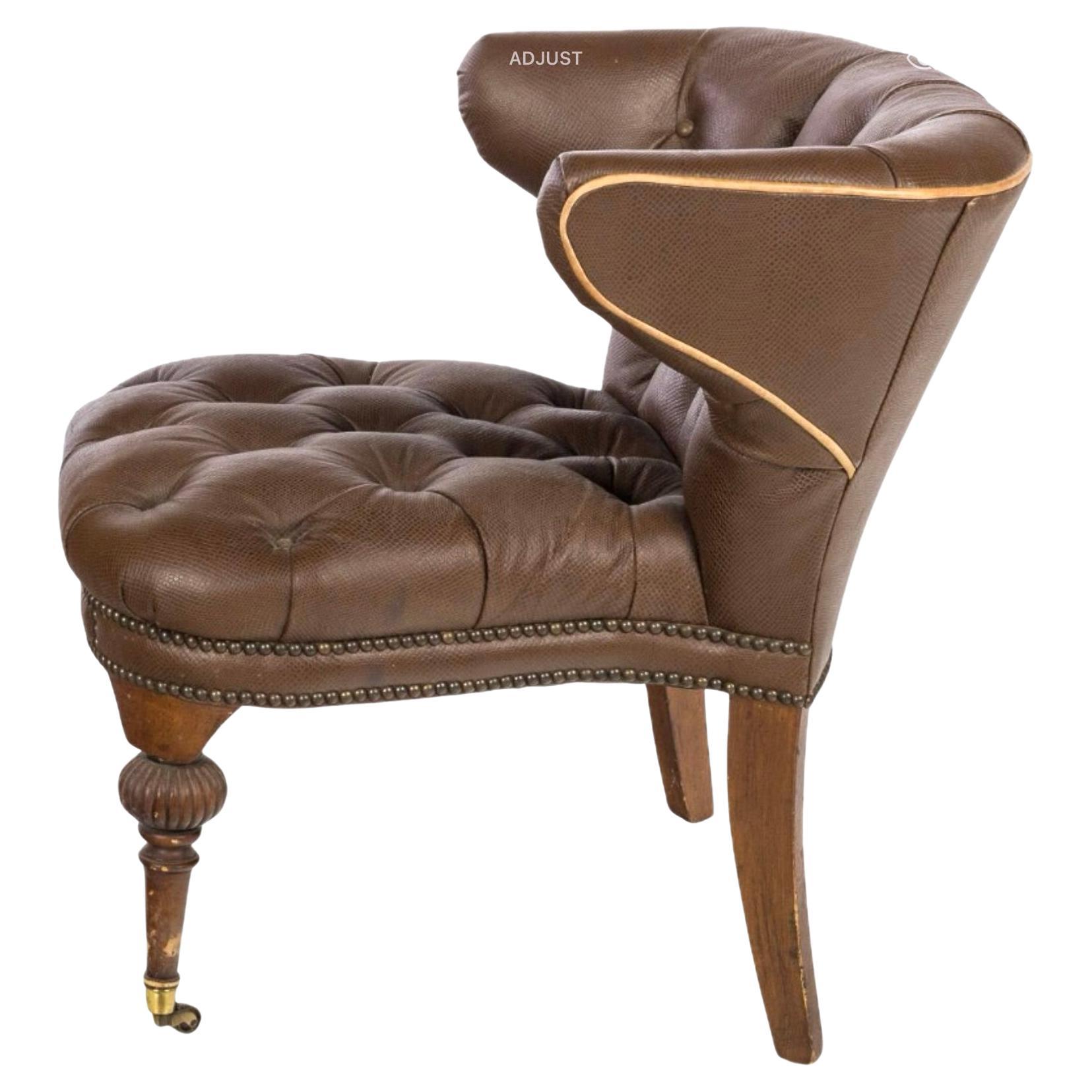 Vittoriano Sedia da combattimento in finta pelle marrone, stile inglese, con inserti in legno in vendita