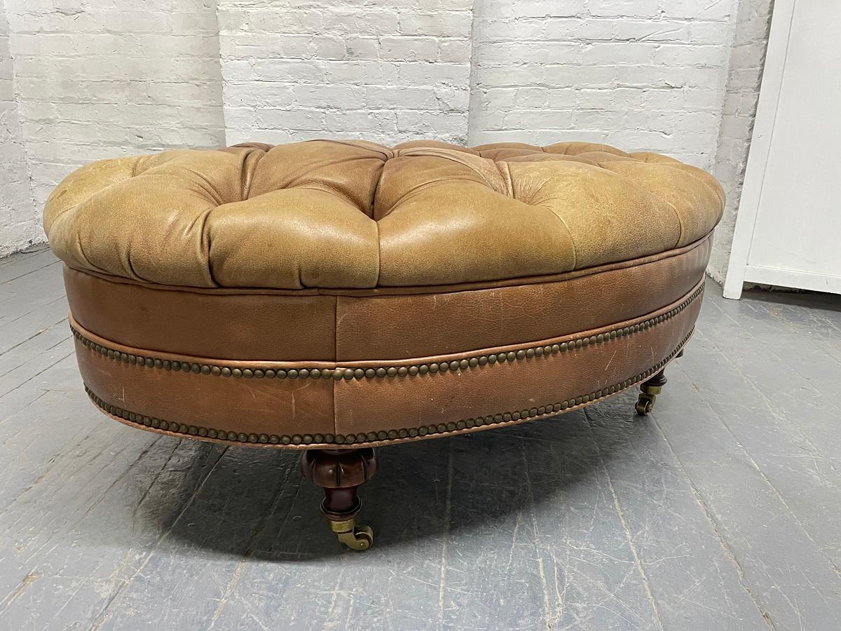 Brass English Style Tufted Leather Oval Shaped Bench For Sale