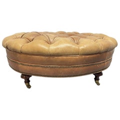 Vintage English Style Tufted Leather Oval Shaped Bench