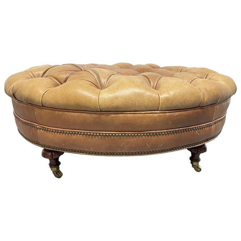 Tufted Leather Oval Shaped Bench, Leather Tufted Bench