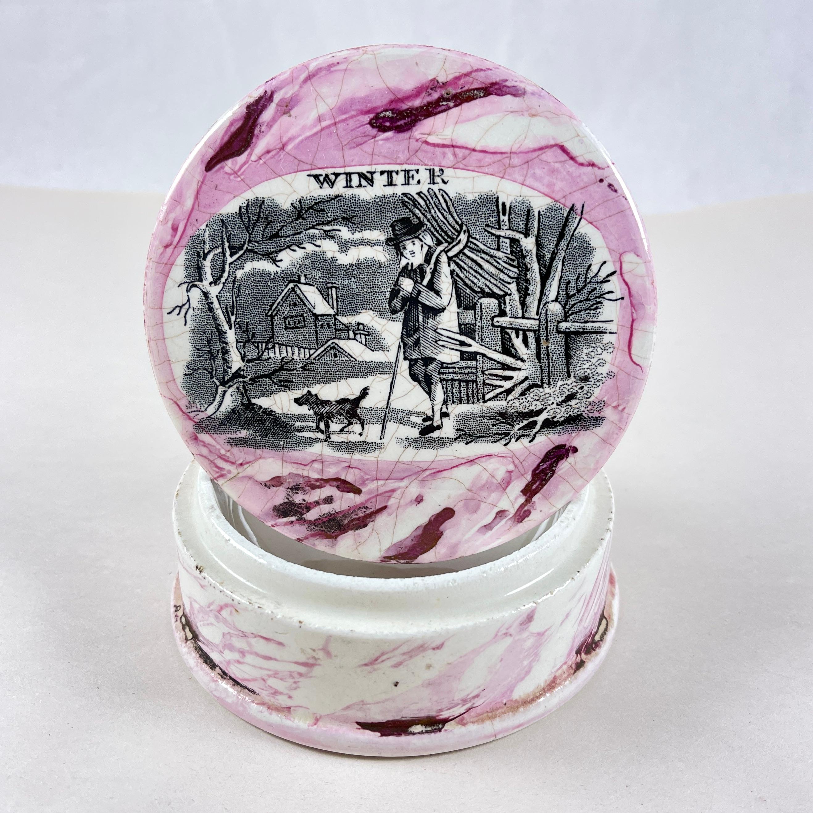 A transfer printed vanity or chemists pot, made by Grey’s Pottery, England, circa early 20th Century.

A. E. Grey operated between 1912 – 1920, on Mayer Street, Hanley, Stoke-on-Trent, Staffordshire, England.

The transfer printed lid shows a scene