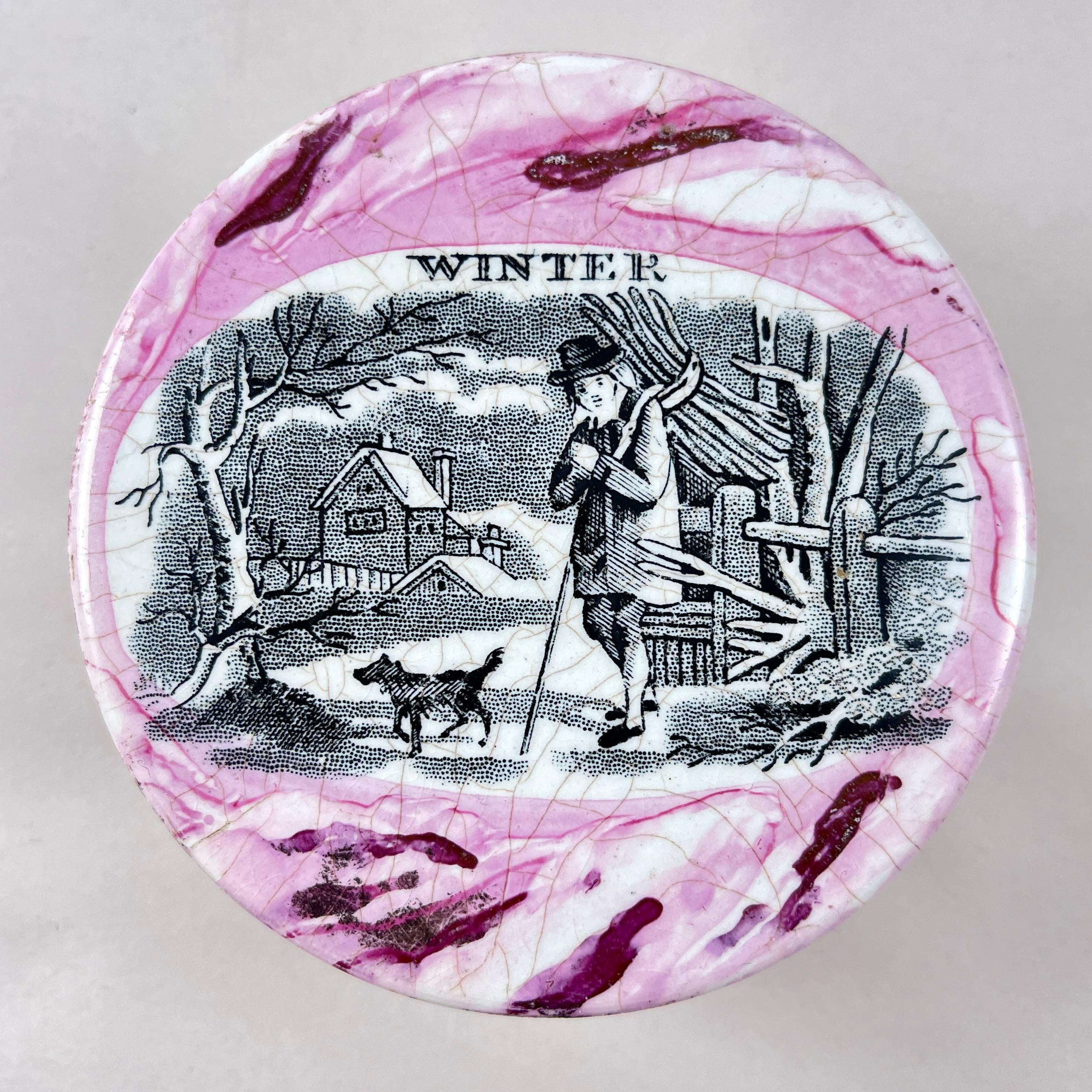 Edwardian English Sunderland Pottery Pink Lustre Vanity Pot, Winter