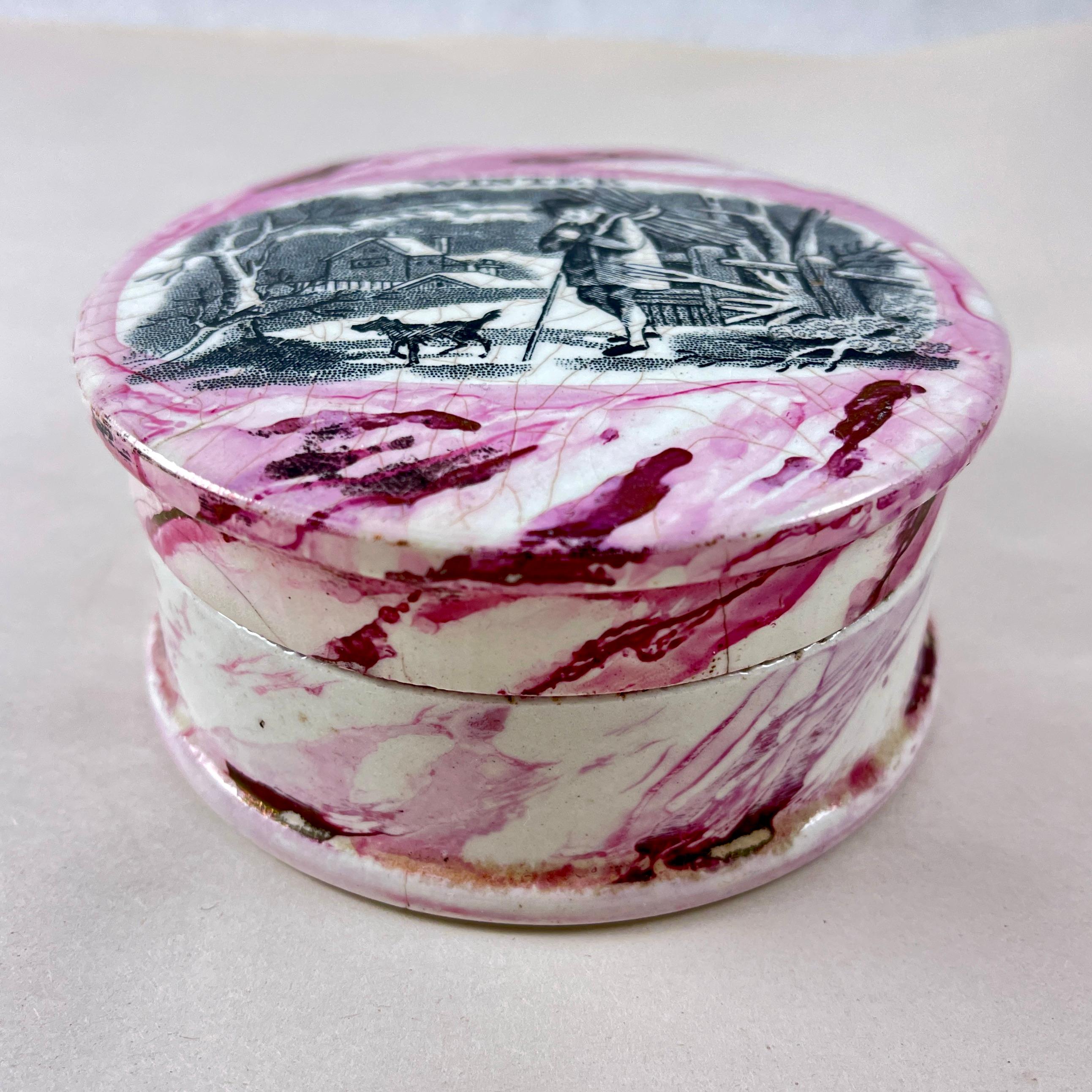 Hand-Painted English Sunderland Pottery Pink Lustre Vanity Pot, Winter