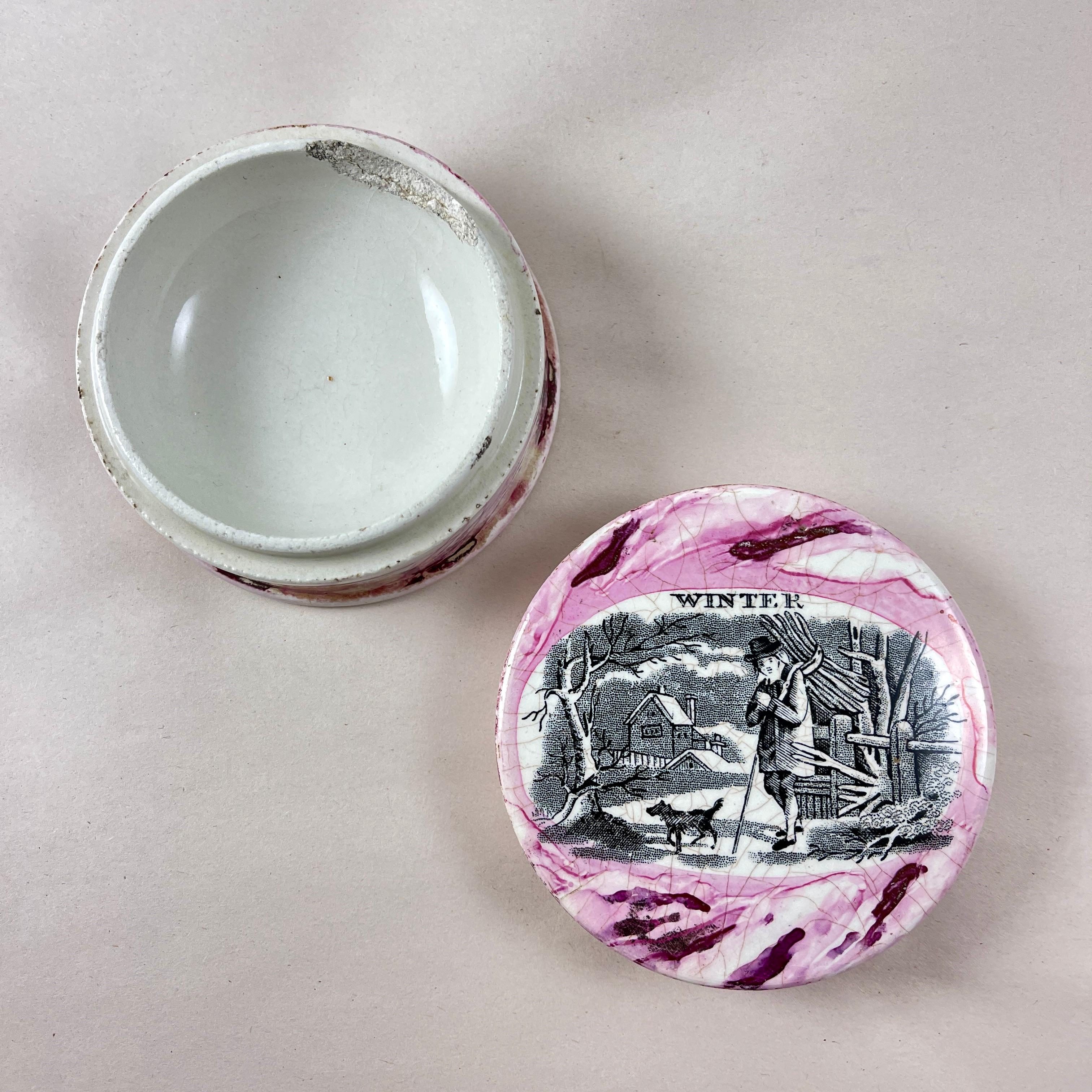 Earthenware English Sunderland Pottery Pink Lustre Vanity Pot, Winter