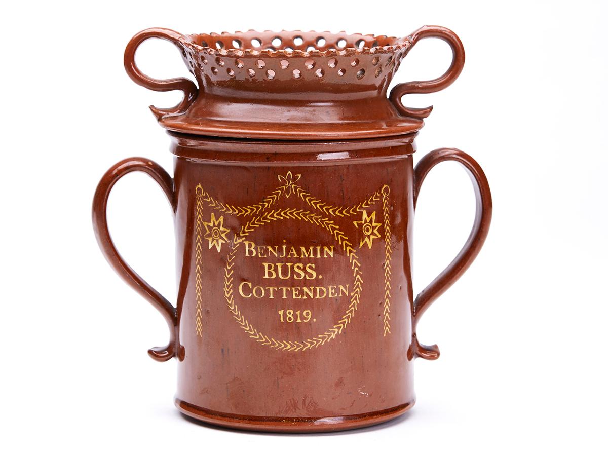Early 19th Century English Sussex Slipware Redware Pottery Lidded Cup with Verse, 1819 For Sale