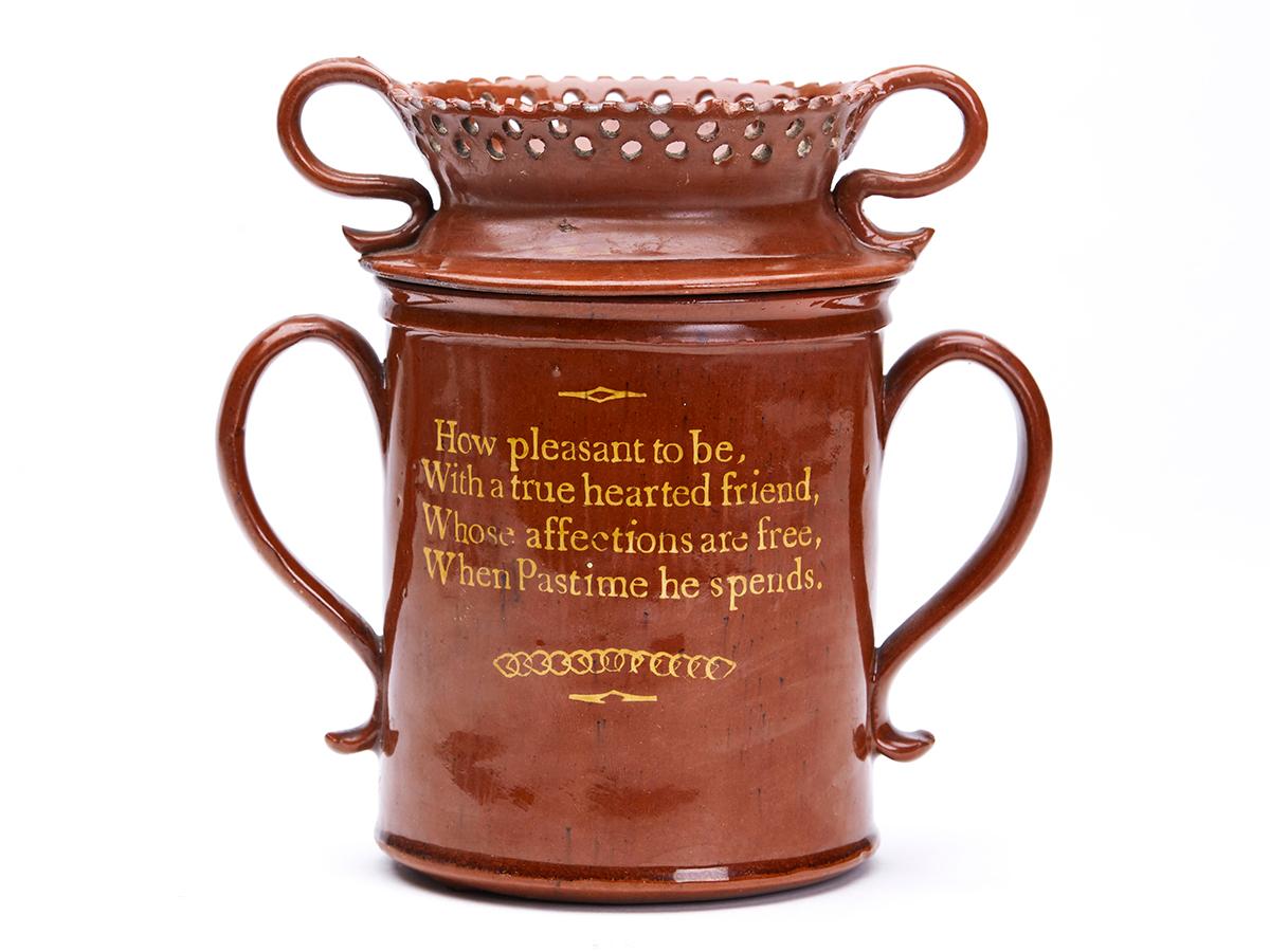 English Sussex Slipware Redware Pottery Lidded Cup with Verse, 1819 For Sale 2