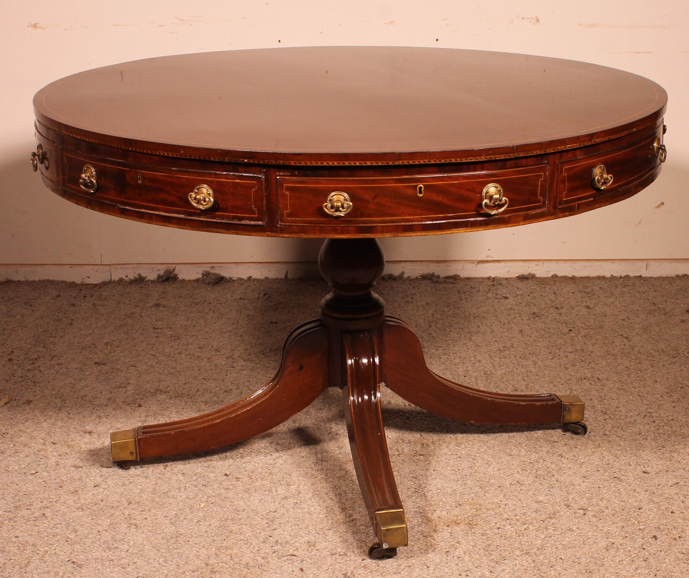 English Table Called Drum Table in Mahogany circa 1820, Regency Period 1