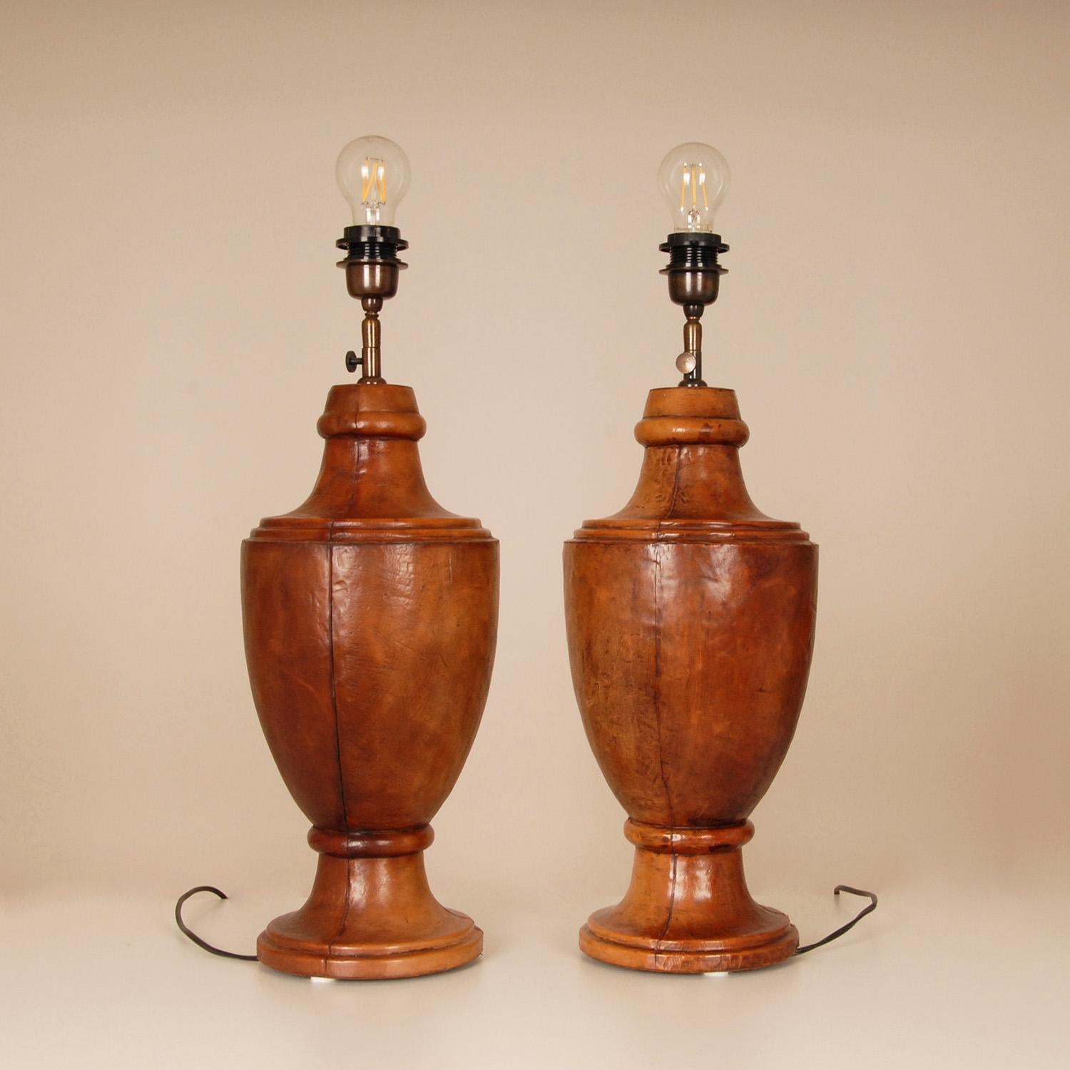 Mid-Century Modern English Table Lamps leather Chesterfield Style Traditional Vase Lamps a pair