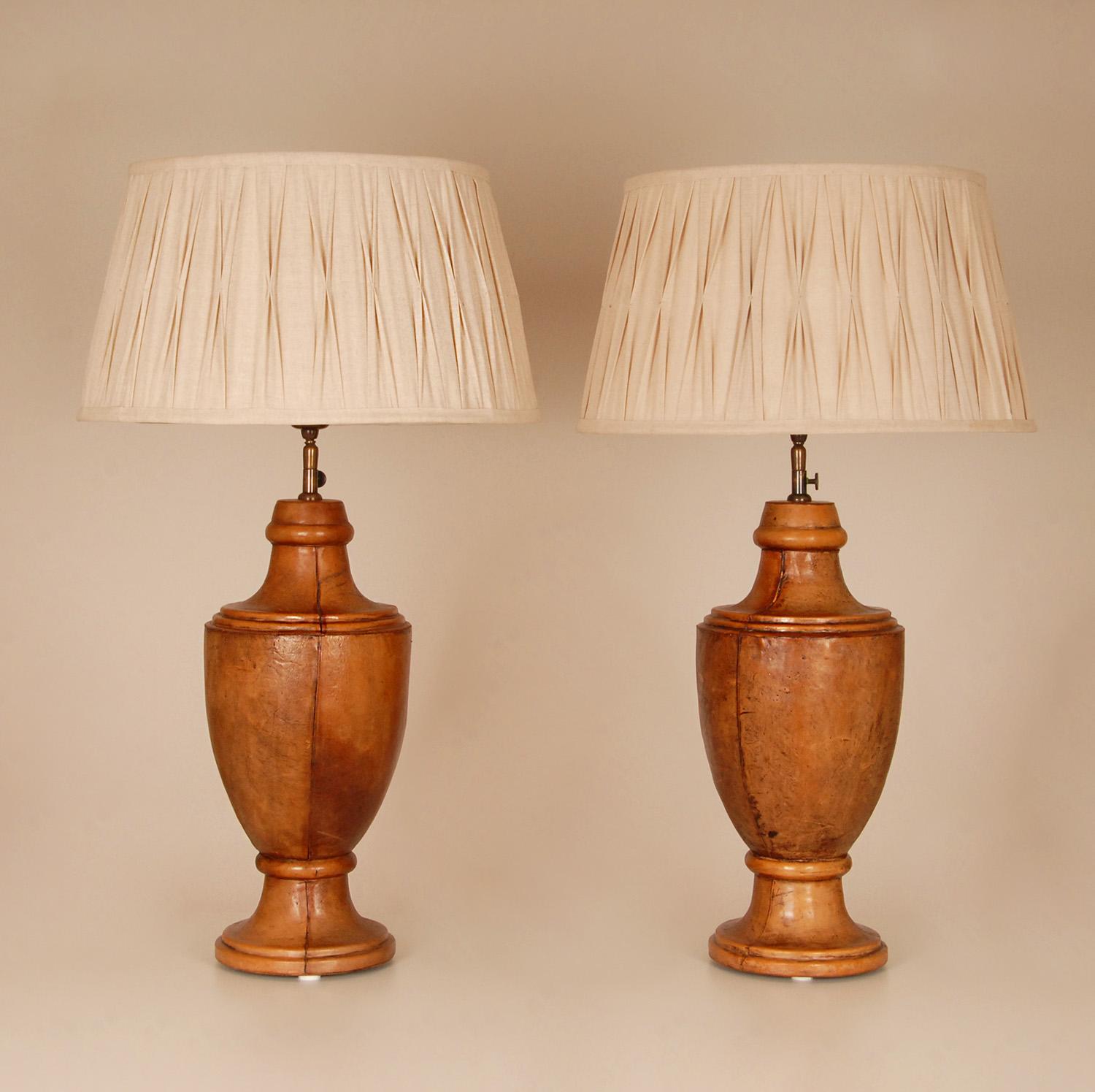 20th Century English Table Lamps leather Chesterfield Style Traditional Vase Lamps a pair