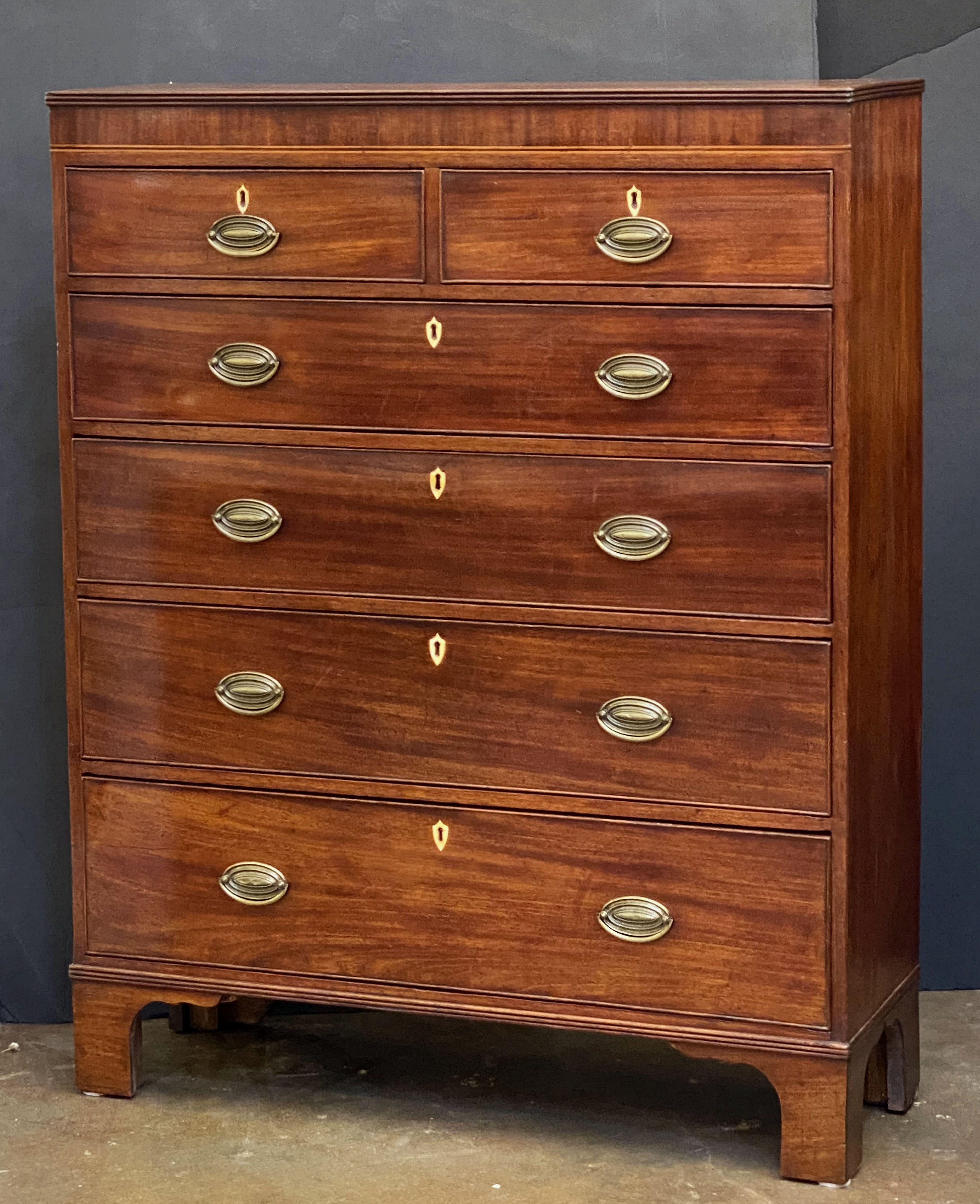 Metal English Tall Chest or High Chest of Drawers of Mahogany