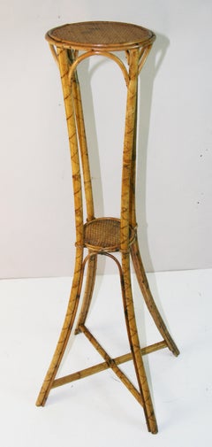 English Tall Faux Bamboo Wicker Two Tier Plant Stand