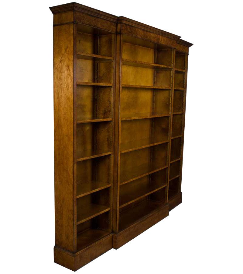 Contemporary English Tall Triple Breakfront Open Bookcase in Burled Walnut For Sale