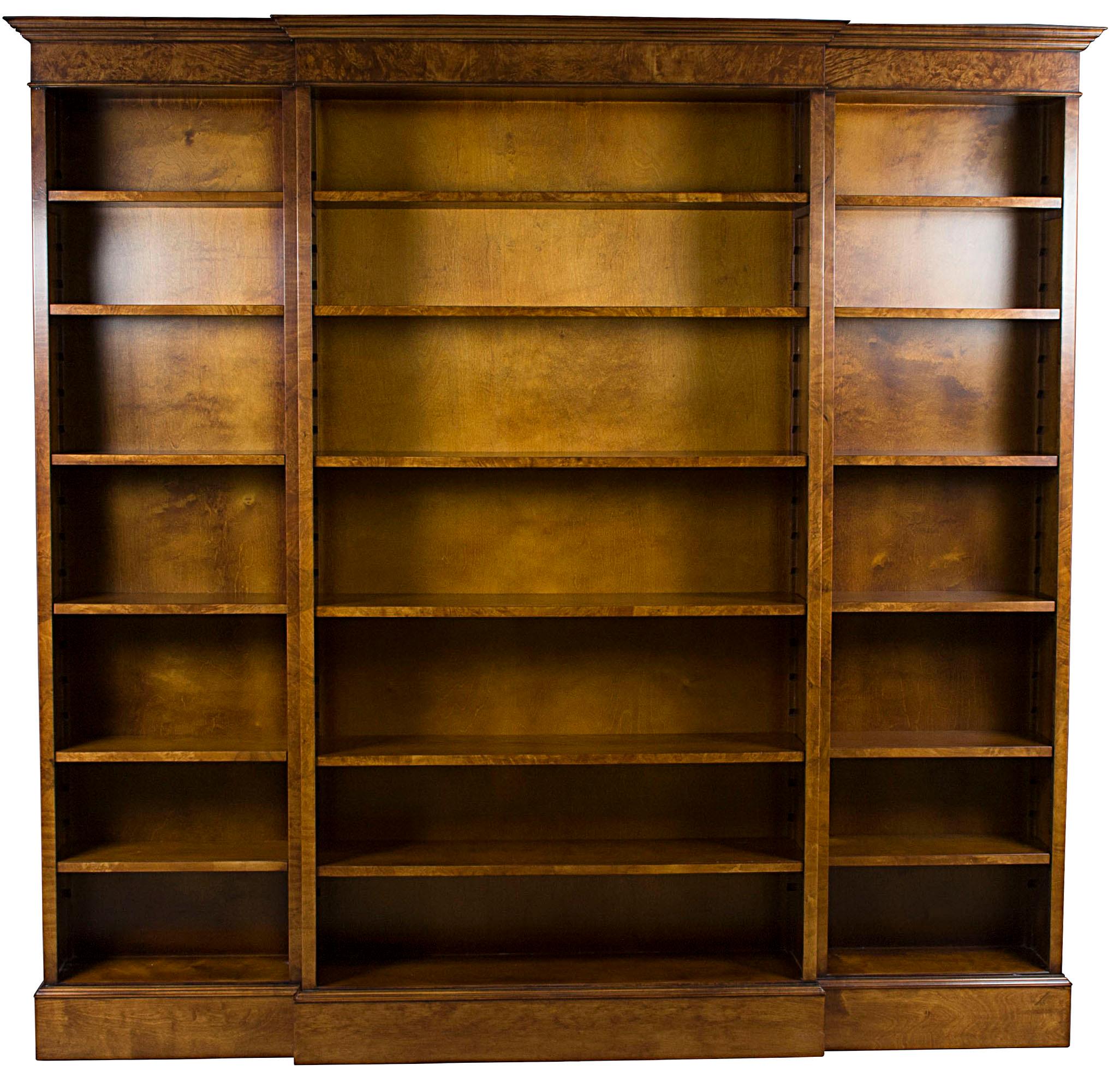 English Tall Triple Breakfront Open Bookcase in Burled Walnut For Sale