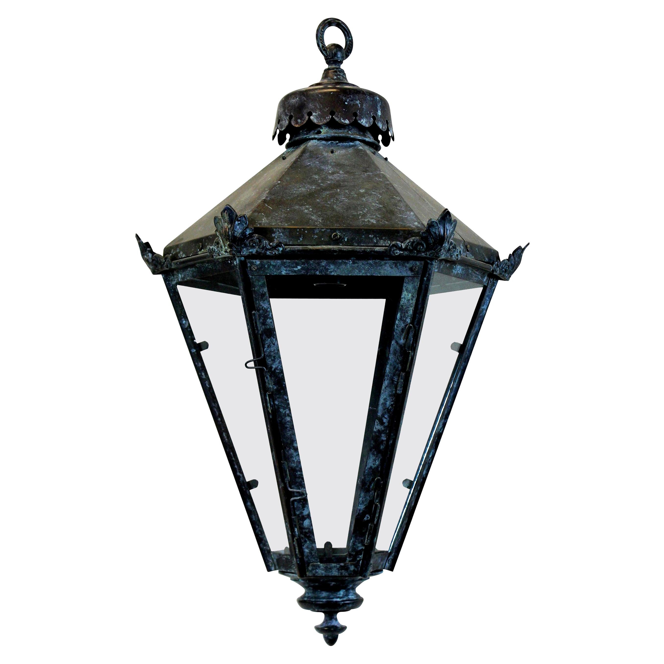 English Tapering Copper Verdigris Hanging Lantern For Sale at 1stDibs
