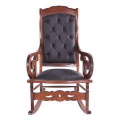 Antique English Teak and Tufted Leather Rocking Chair
