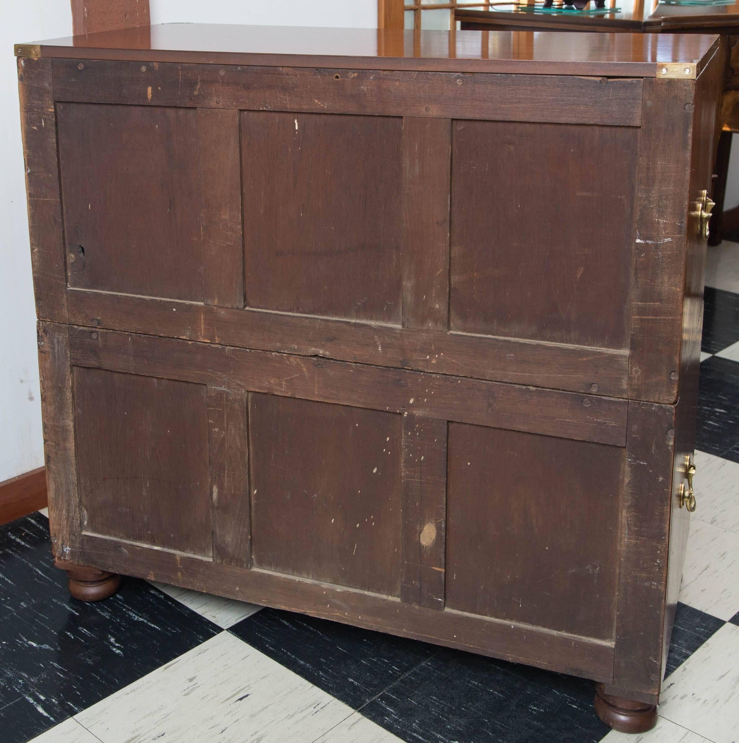 Brass English Teak Campaign Chest of Drawers