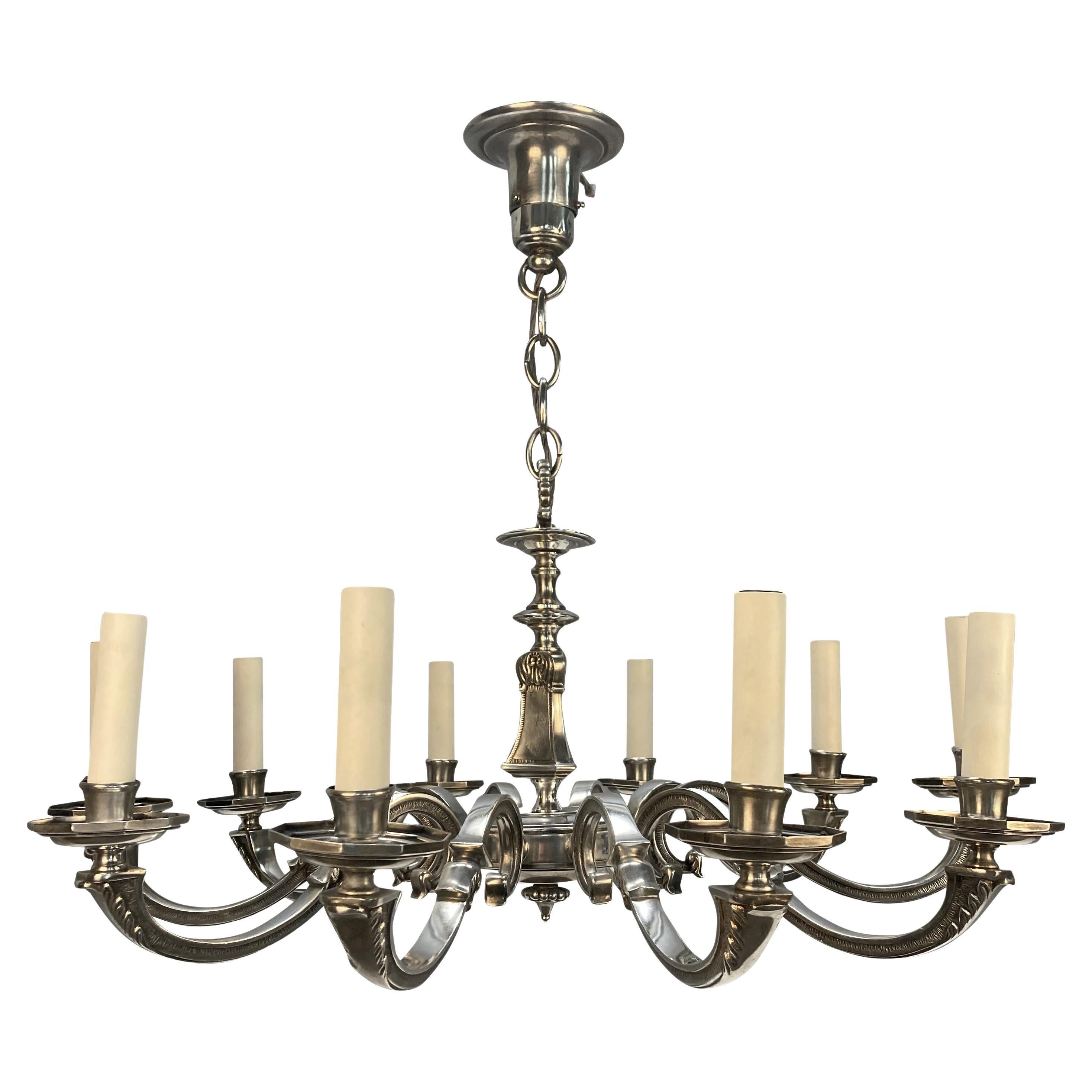 English Ten Branch Silver Plated Chandelier