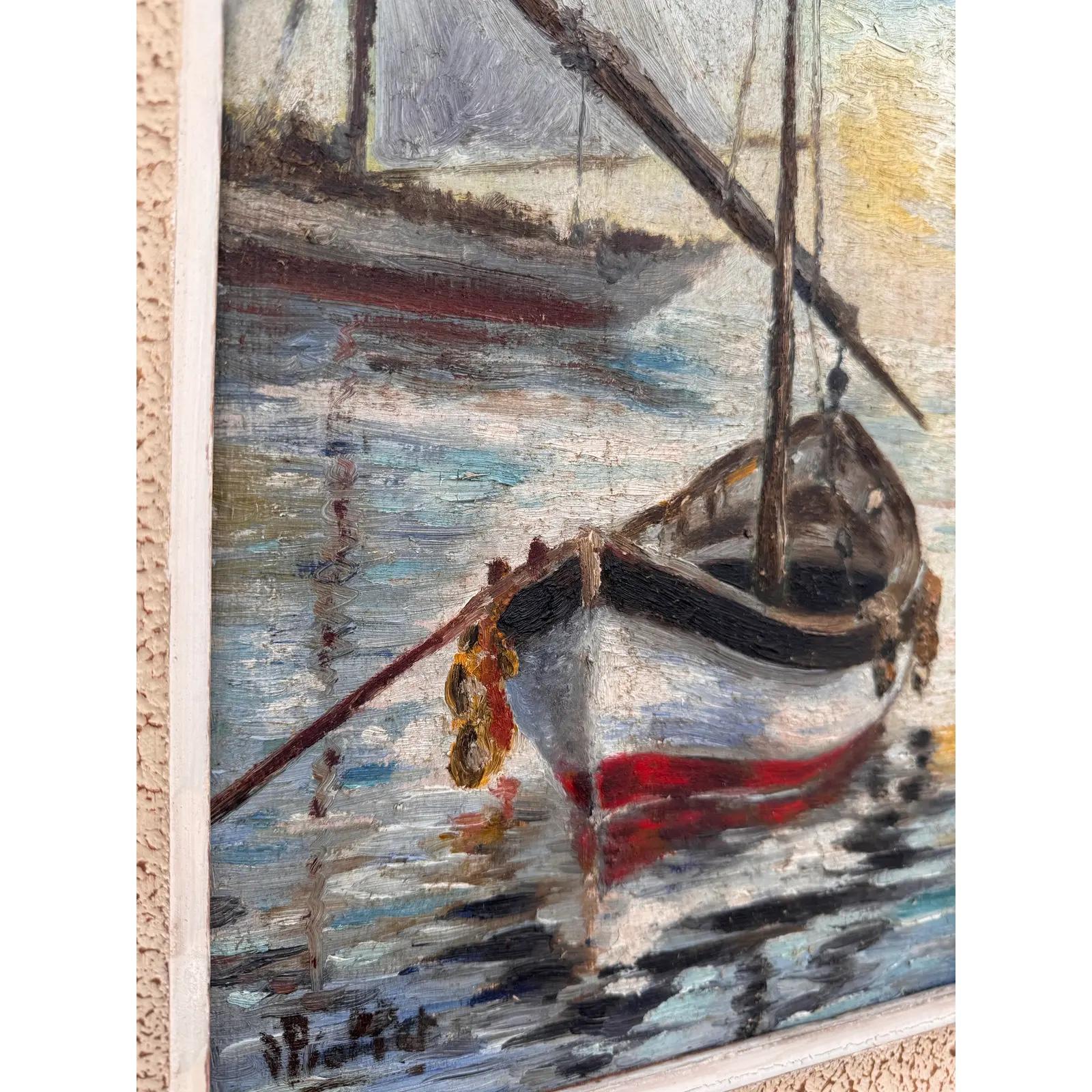 This original oil on canvas depicts a little sailboat, called a tender boat, ready to bring passengers to shore and back. A sunny day shows the main mast of the ship just out of focus and the smaller boat's oars ready to go. This piece of the sea is