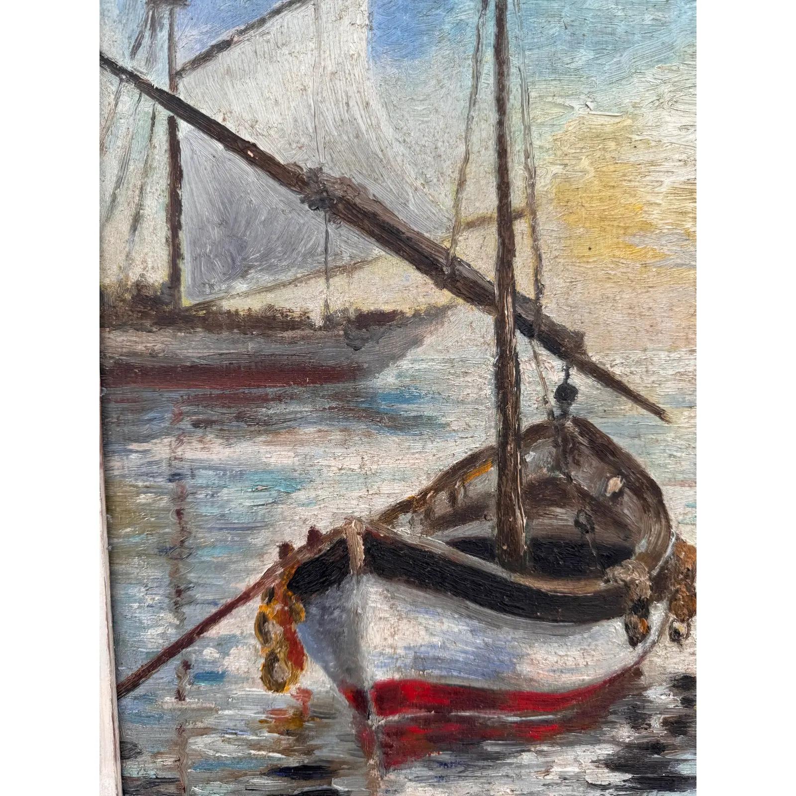 English Tender Sailboat Oil on Canvas In Good Condition For Sale In Nashville, TN