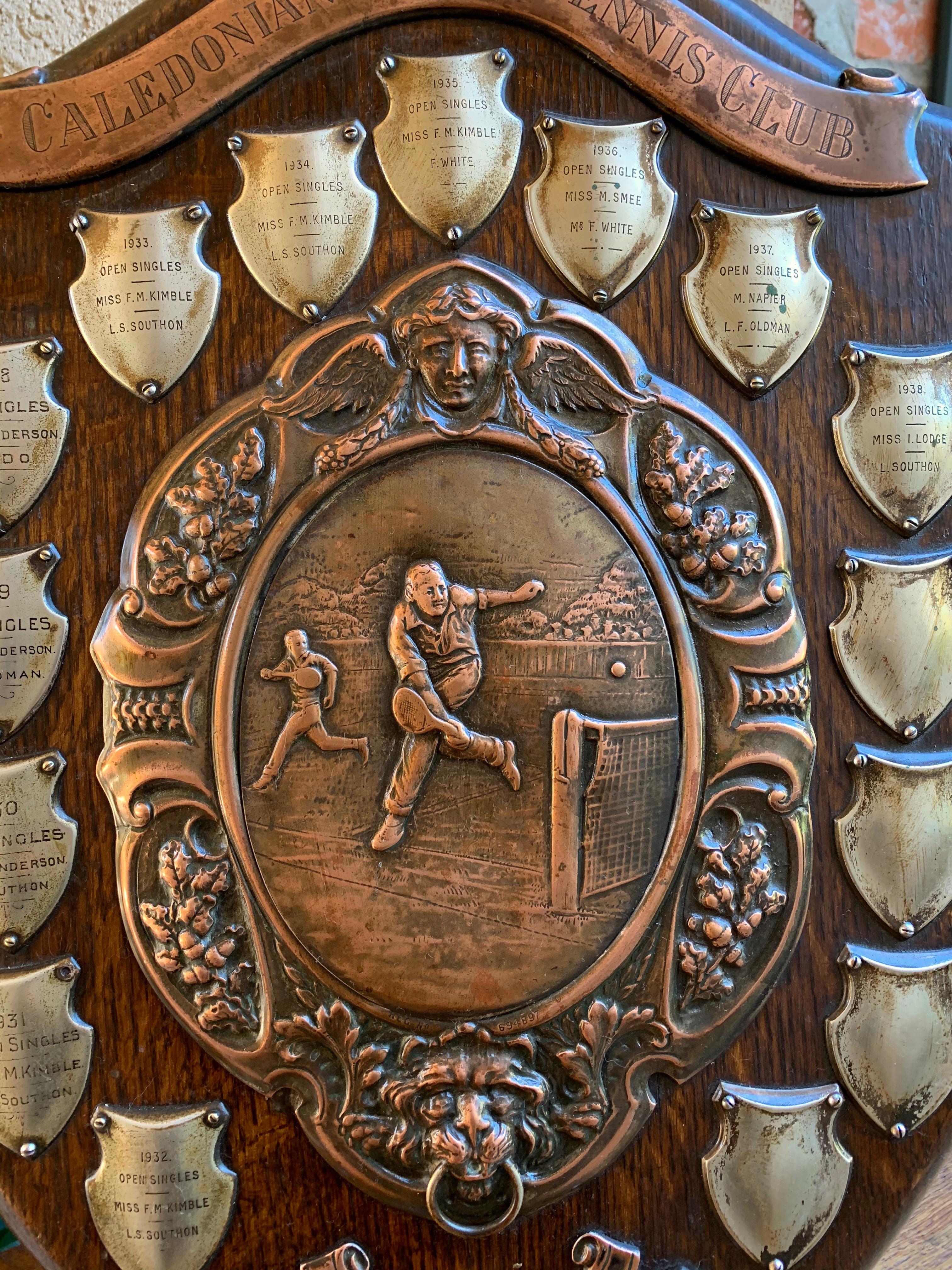 20th Century English Tennis Club Singles Trophy Award Wall Plaque 1923 Copper Lion, Scottish