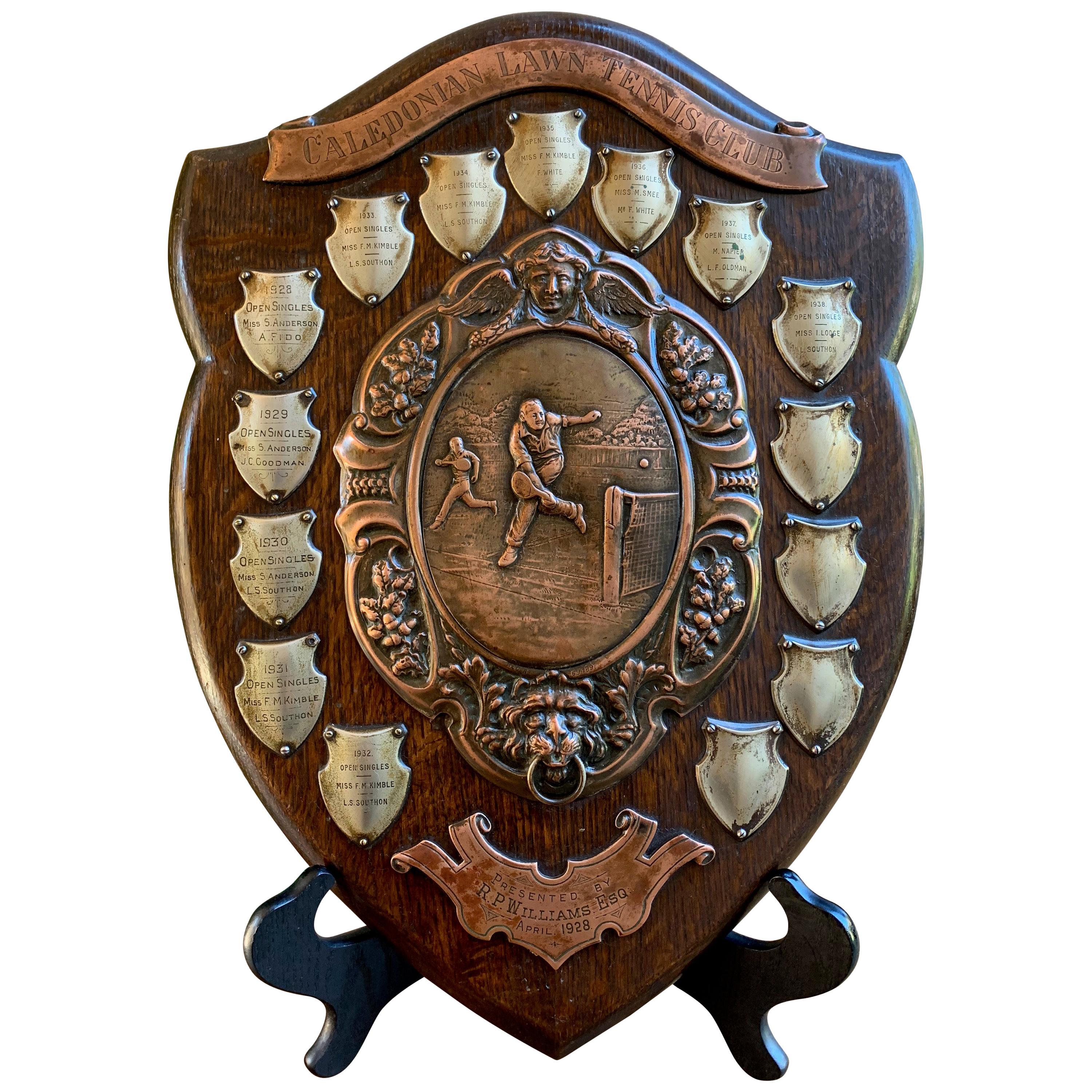 English Tennis Club Singles Trophy Award Wall Plaque 1923 Copper Lion, Scottish
