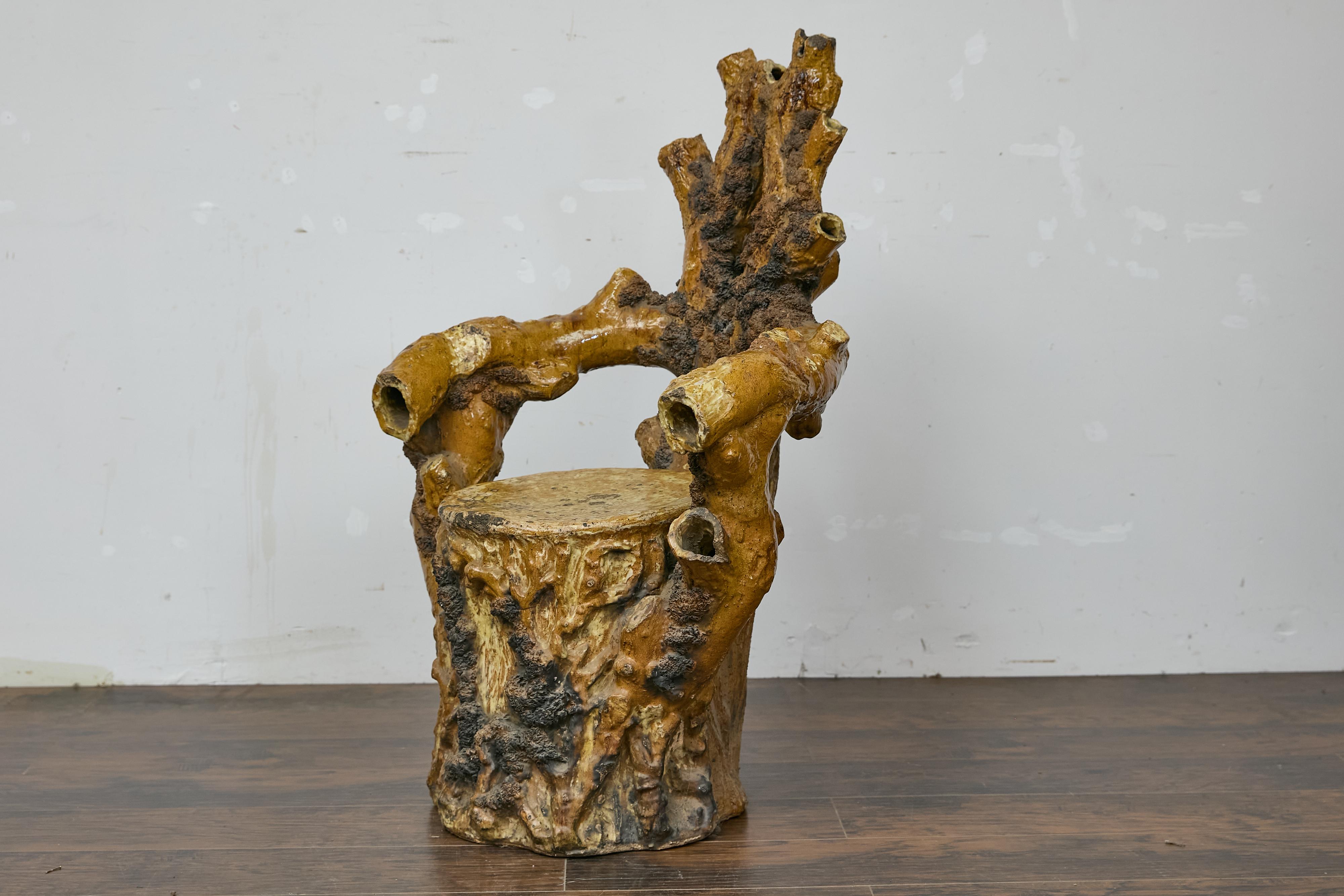 Glazed English Terracotta Coral-Inspired Grotto Chair with Patina, Circa 1900 For Sale