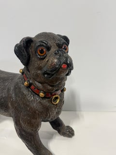 English Terracotta Pug Dog Sculpture with Glass Eyes, Early 20th Century
