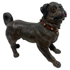 English Terracotta Pug Dog Sculpture with Glass Eyes, Early 20th Century