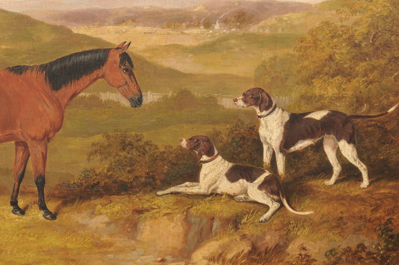 English Thomas Bretland 1850s Framed Oil Painting Depicting a Horse with Dogs 5