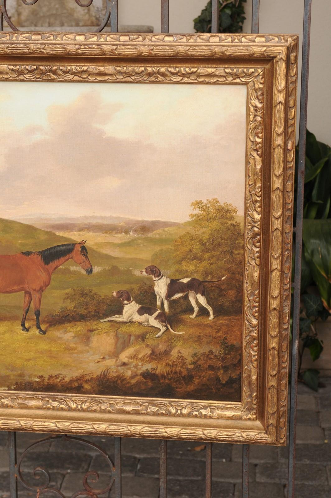 Victorian English Thomas Bretland 1850s Framed Oil Painting Depicting a Horse with Dogs