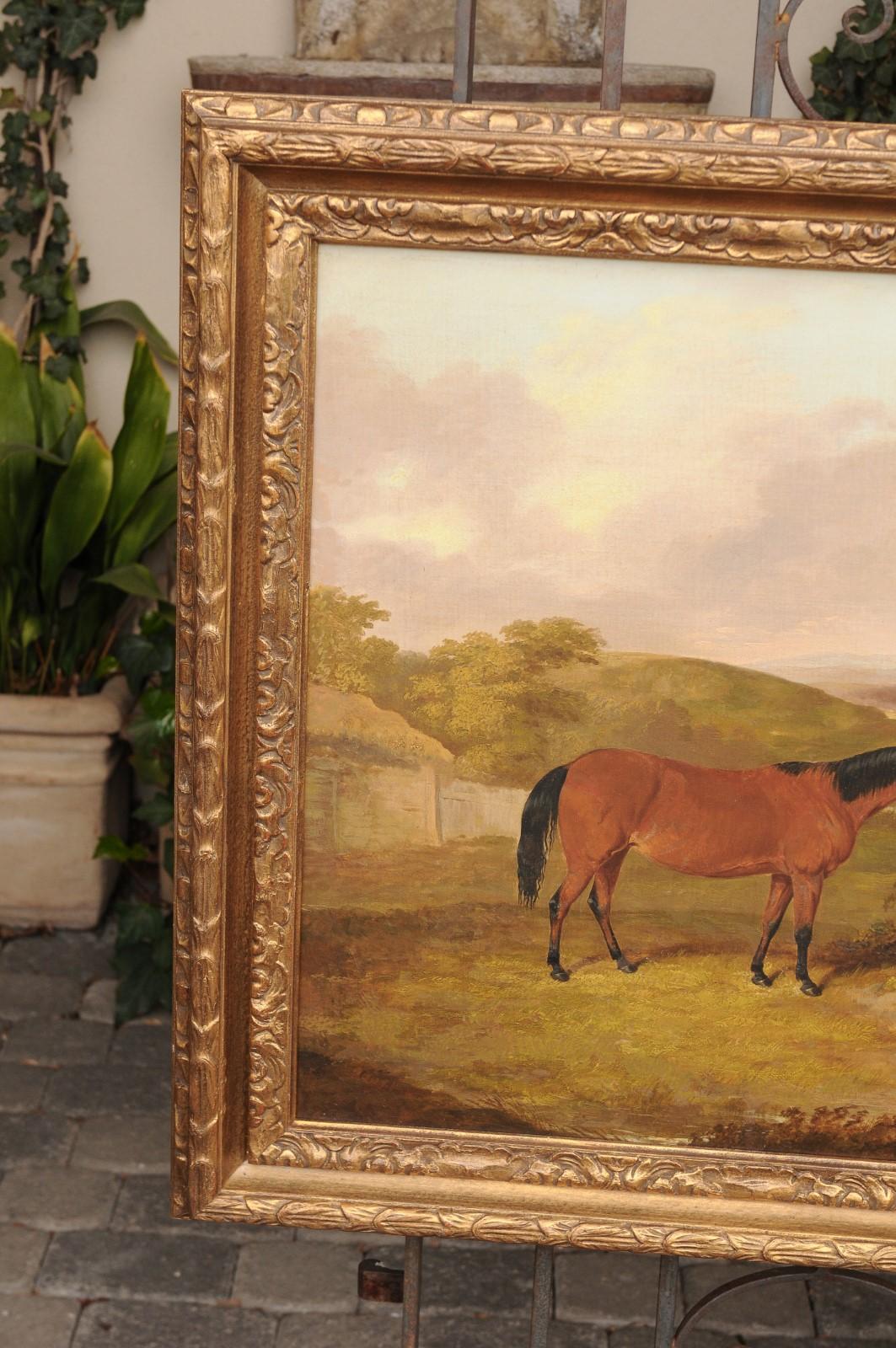 English Thomas Bretland 1850s Framed Oil Painting Depicting a Horse with Dogs In Good Condition In Atlanta, GA